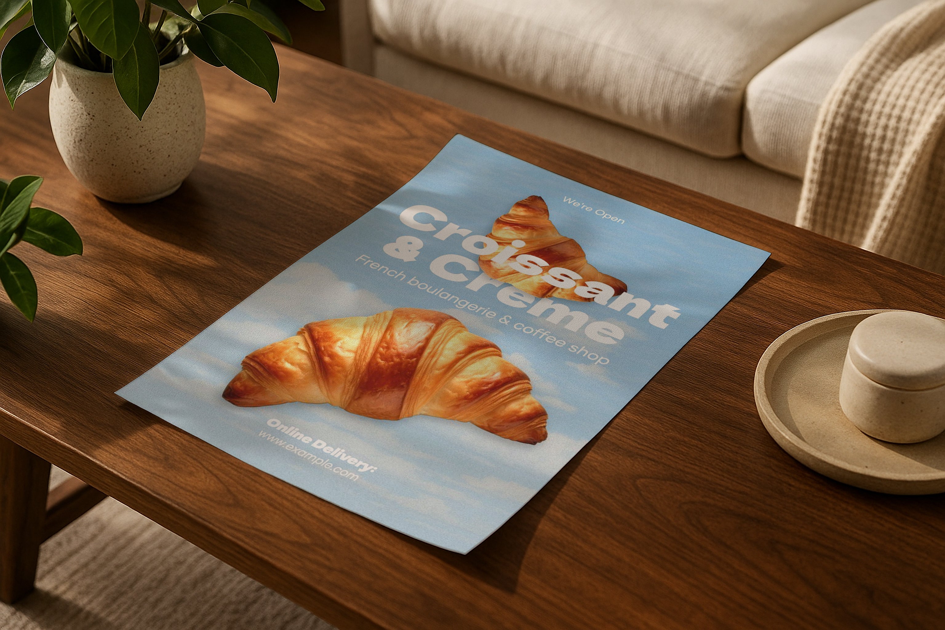 Poster mockup on wooden coffee table with plants, A4 A3 print mockup, PSD template for artwork, wall art, photography, graphic design and digital prints.