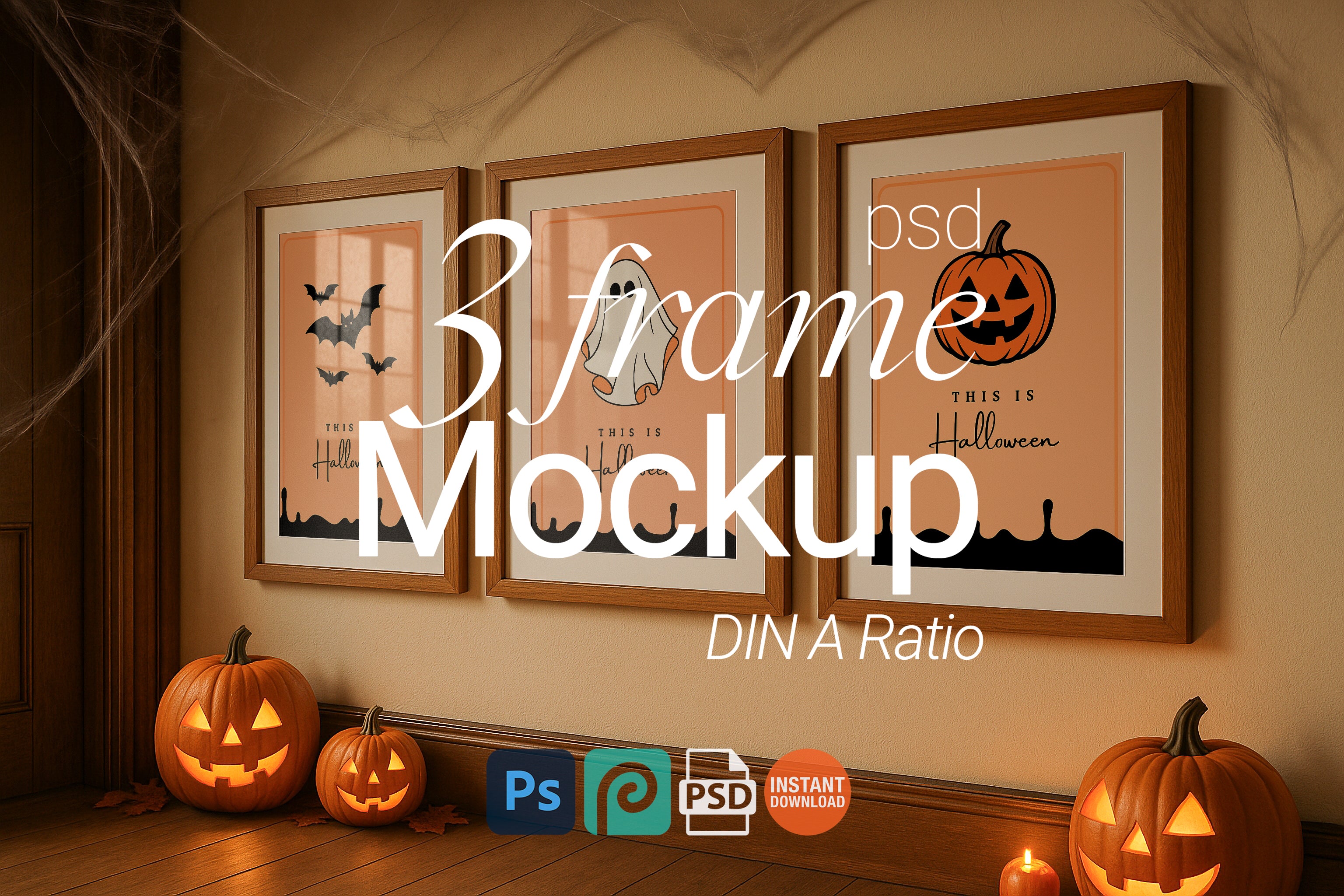 3 Frame Halloween Mockup Wooden Wall Art Poster Display Pumpkin Fall Decor Digital PSD
