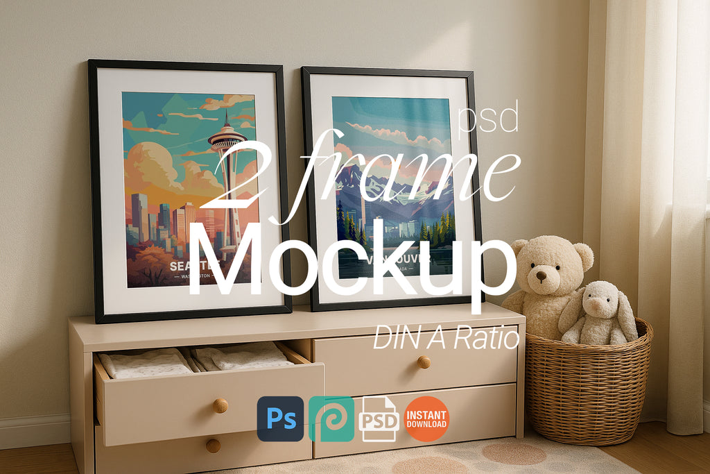 2 Frame Mockup Double Poster Display Nursery Black Wall Art PSD Digital Download