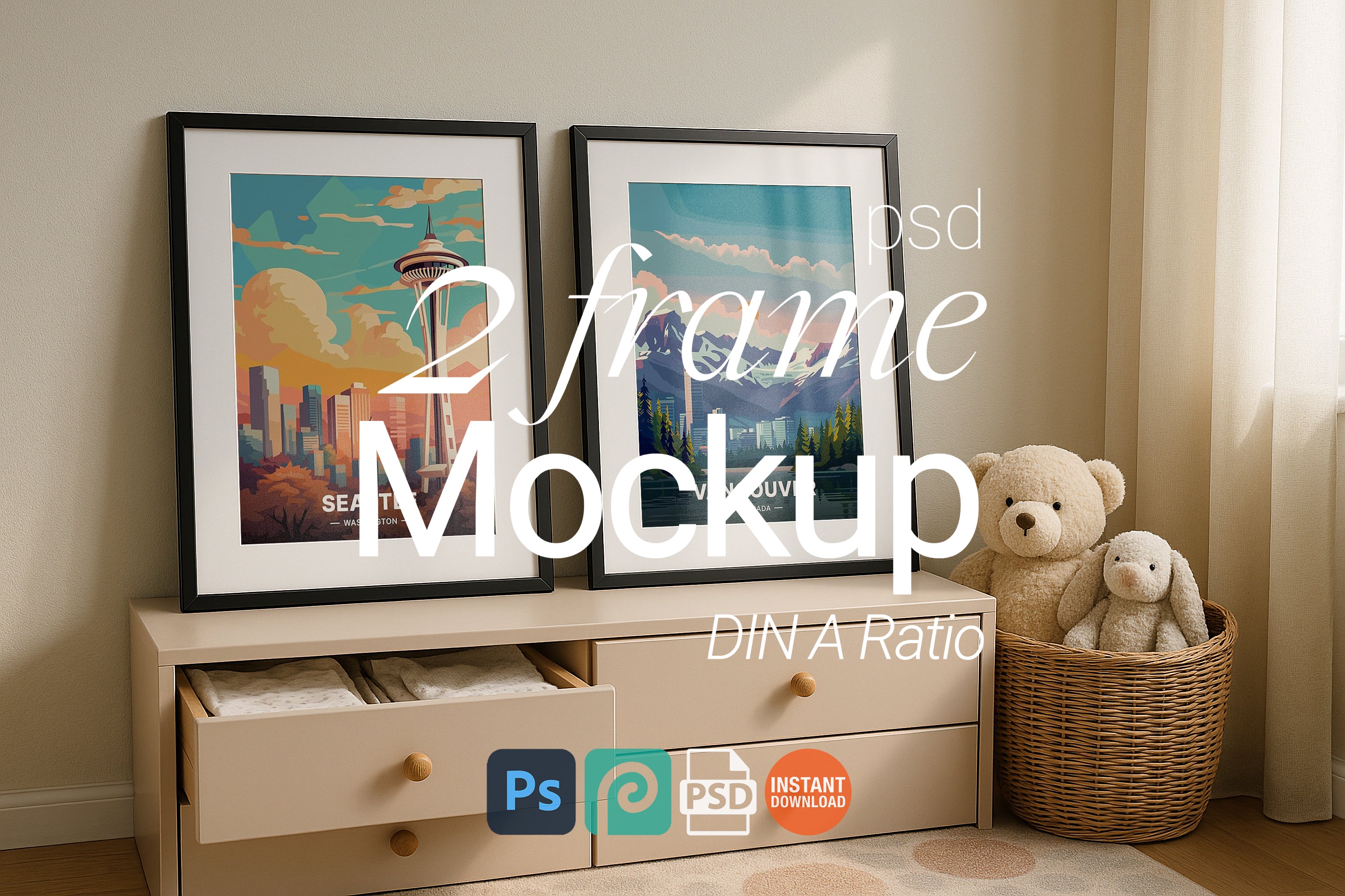 2 Frame Mockup Double Poster Display Nursery Black Wall Art PSD Digital Download