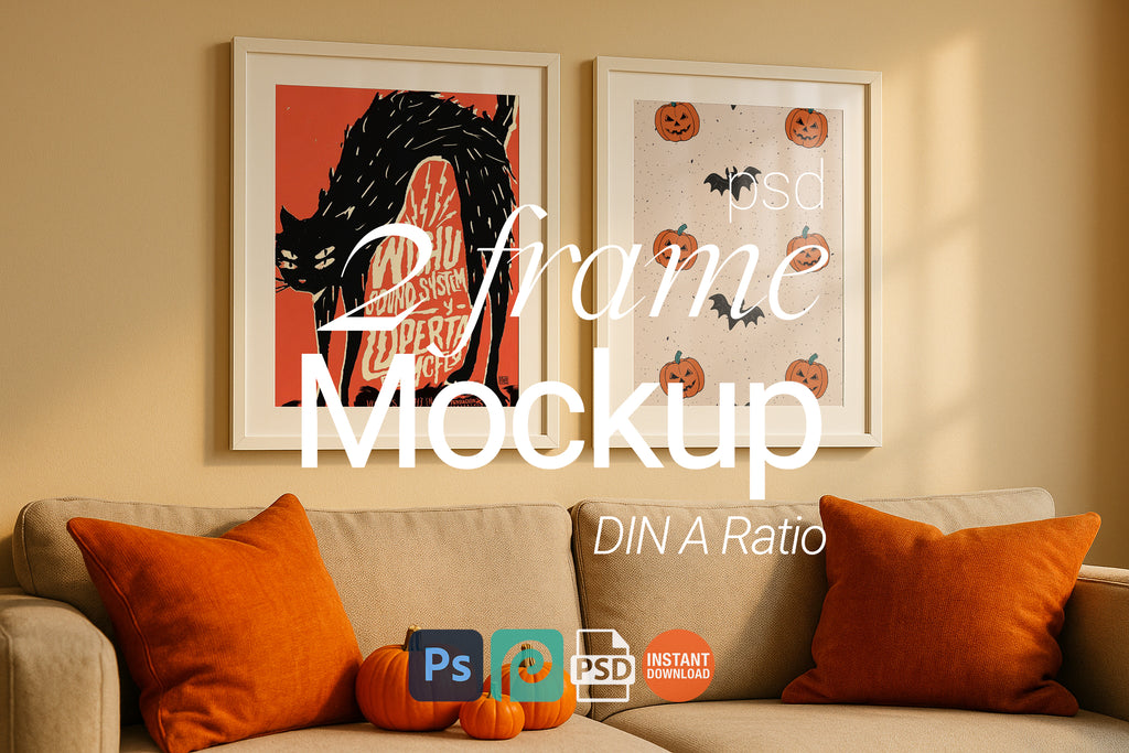Cozy Fall Mockup Double Frame Wall Art Poster Display Pumpkin Halloween Decor Digital PSD