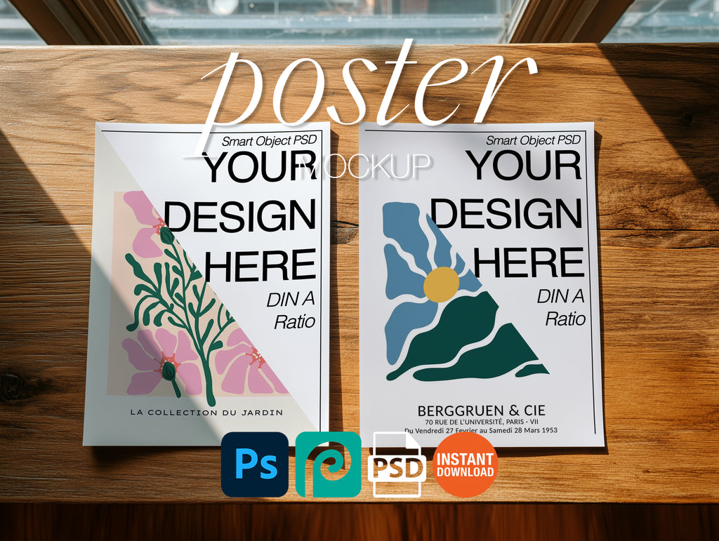 2 Vertical Poster Mockup PSD Flat Lay Sunlit Scene