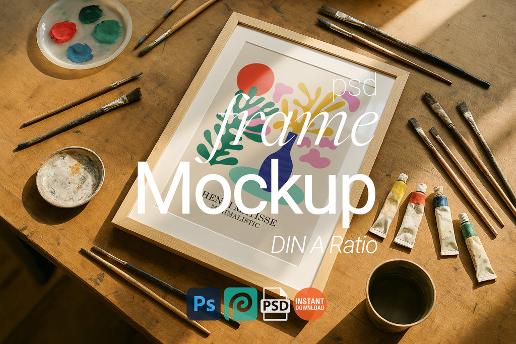 Single Wooden Frame Mockup Artist Desk Poster Display Wall Art PSD Digital Download