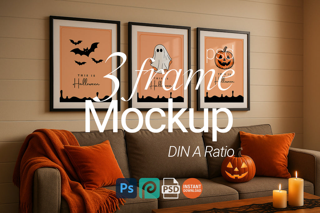 Halloween Triple Frame Mockup Living Room Wall Art Poster Display Autumn Digital PSD