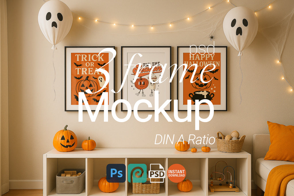 3 Frame Halloween Mockup Kids Room Triple Wall Art Poster Display Digital PSD