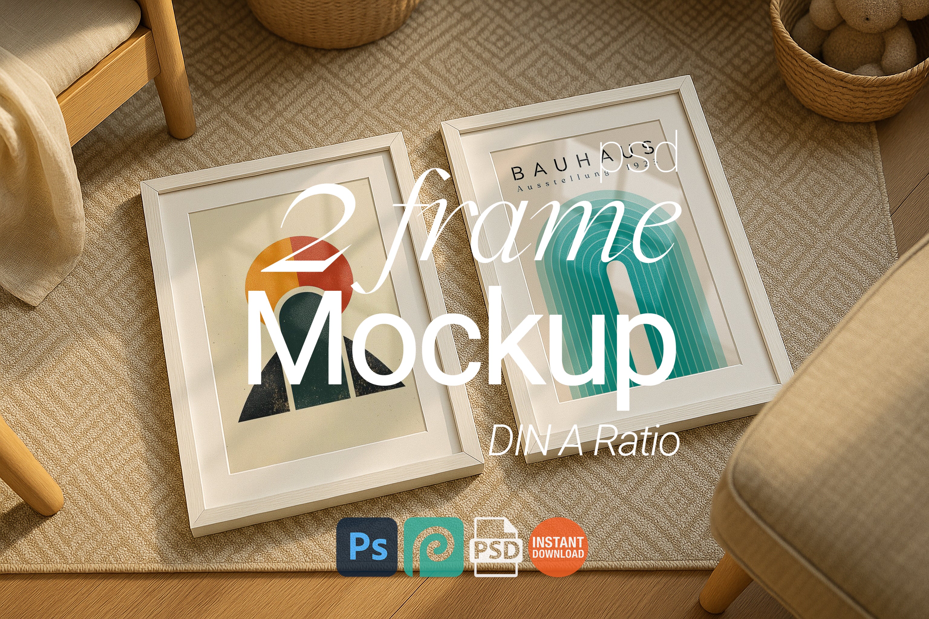 2 Frame Mockup Double Poster Display Nursery Room White Wall Art PSD Digital Download