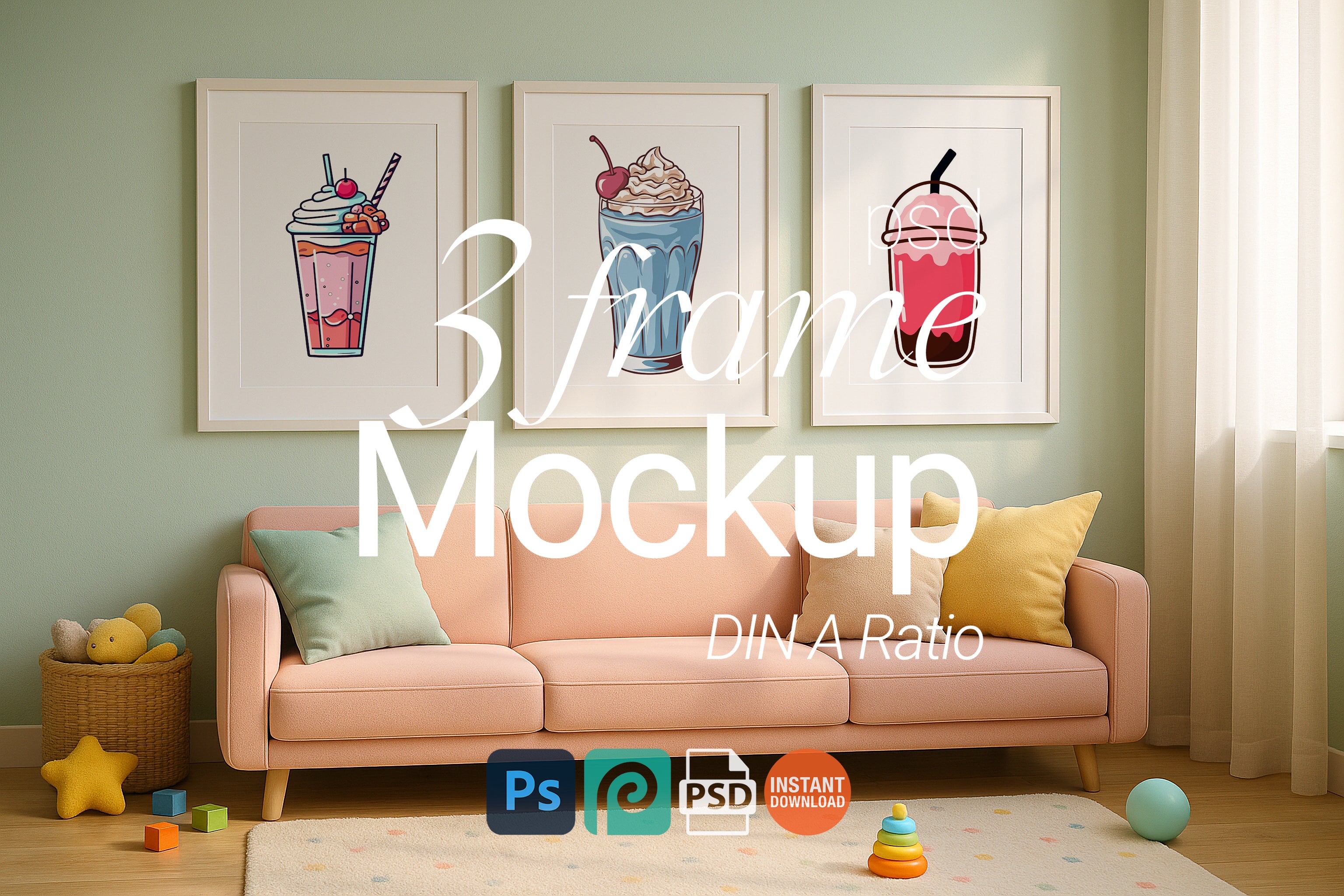 3 Frame Mockup Triple Poster Display Nursery White Wall Art PSD Digital Download