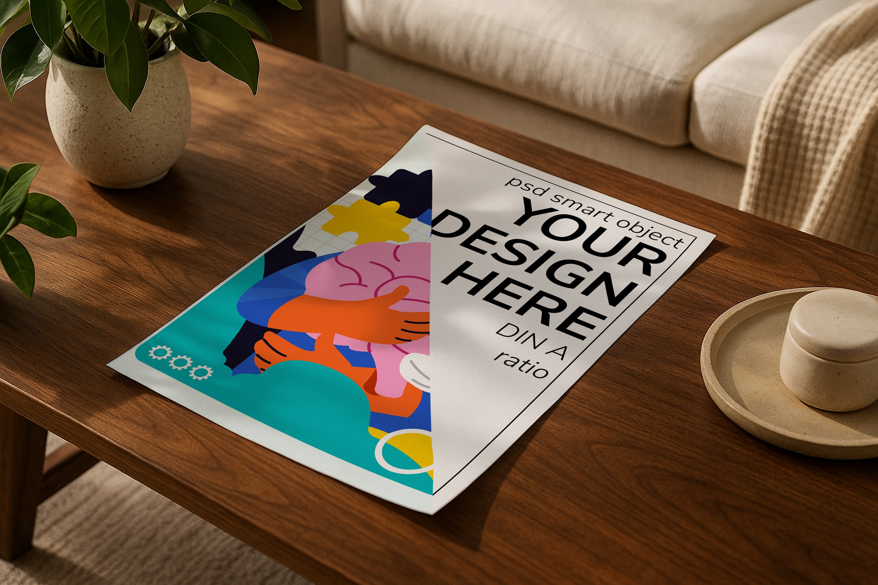 Poster mockup on wooden coffee table with plants, A4 A3 print mockup, PSD template for artwork, wall art, photography, graphic design and digital prints.