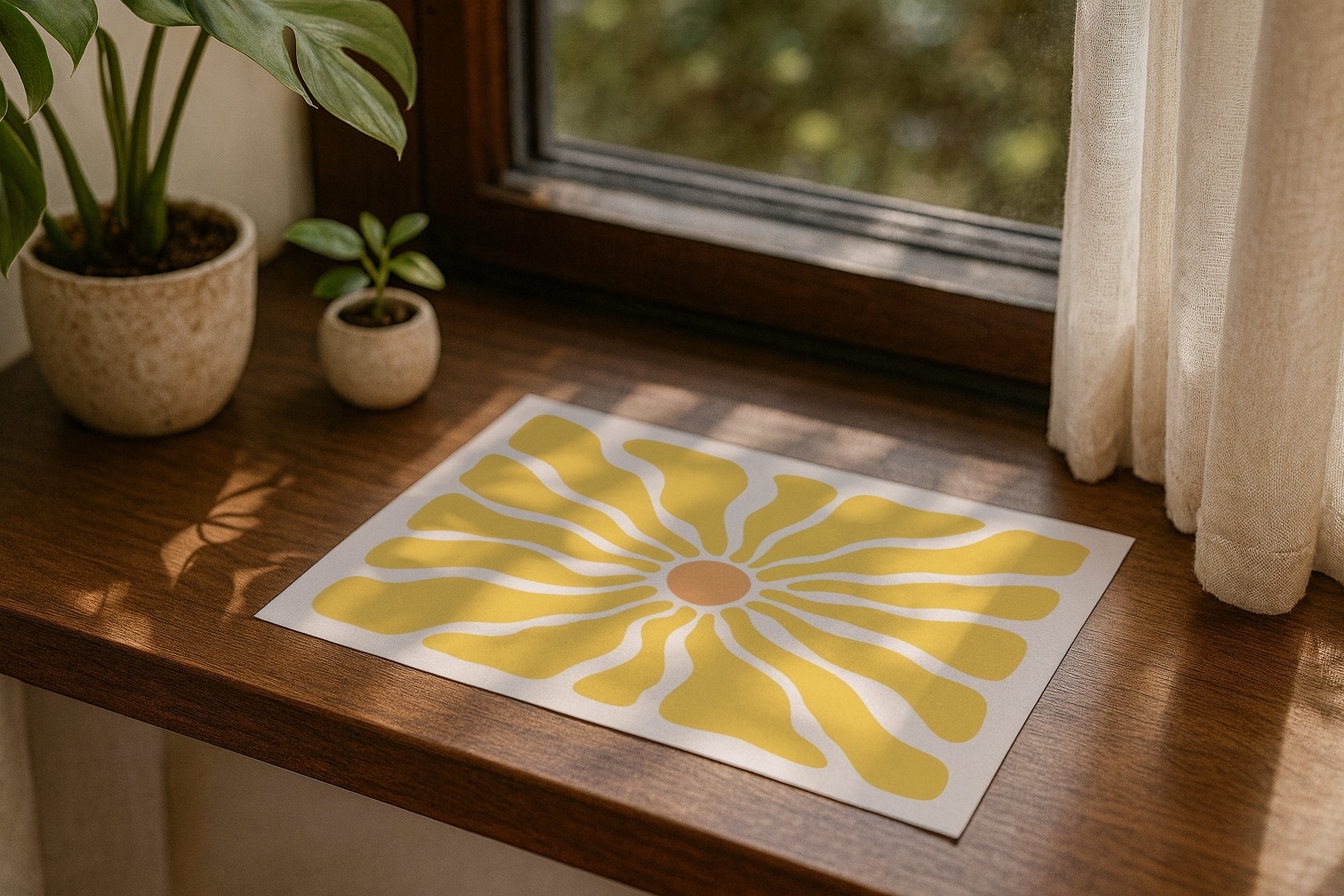 Poster mockup on windowsill with plants, A4 A3 horizontal print mockup, minimalist PSD template for printable wall art, artwork, photography or graphic design
