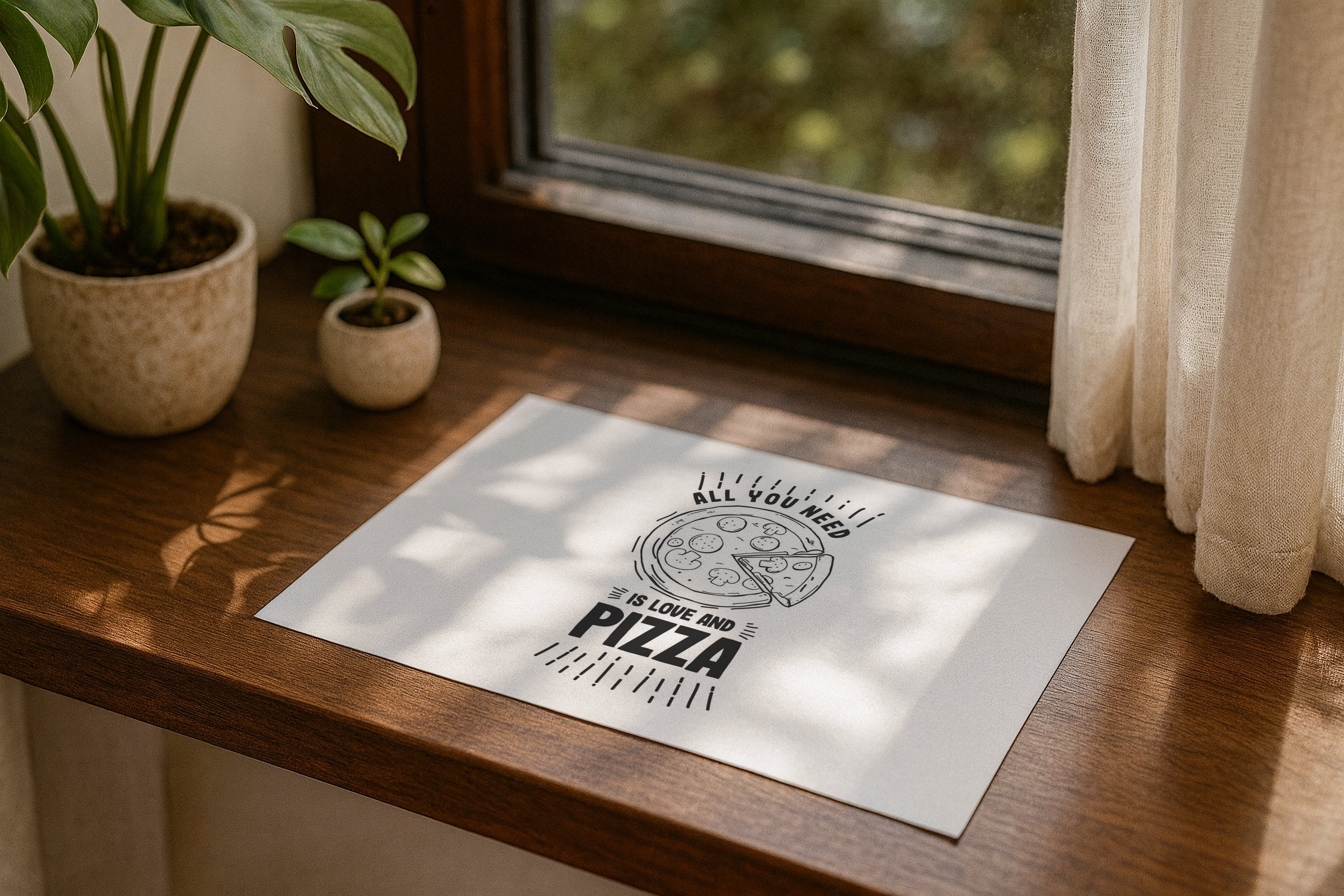 Poster mockup on windowsill with plants, A4 A3 horizontal print mockup, minimalist PSD template for printable wall art, artwork, photography or graphic design