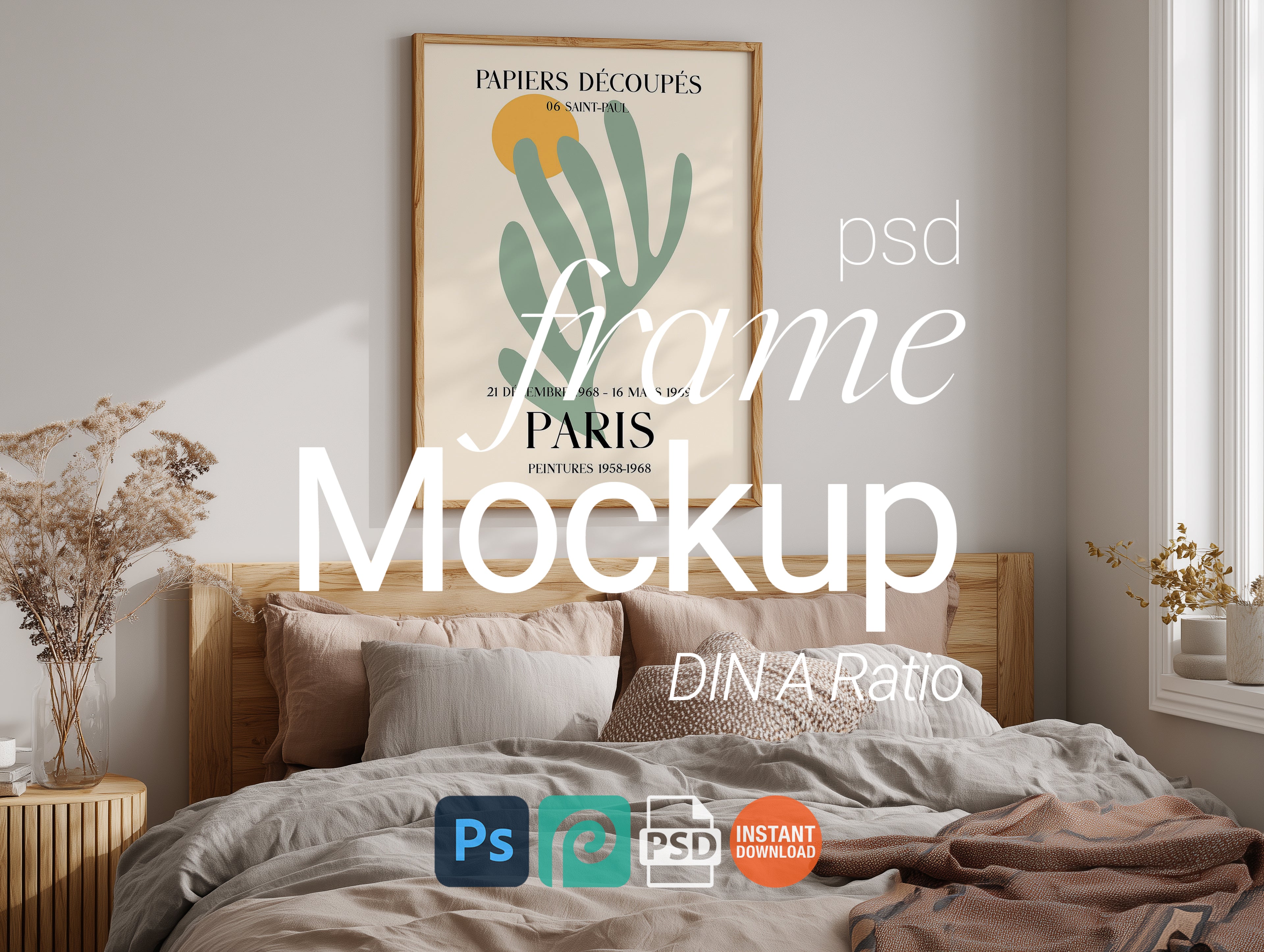 Vertical Frame Mockup PSD: Cozy Bedroom Interior Poster Digital Template