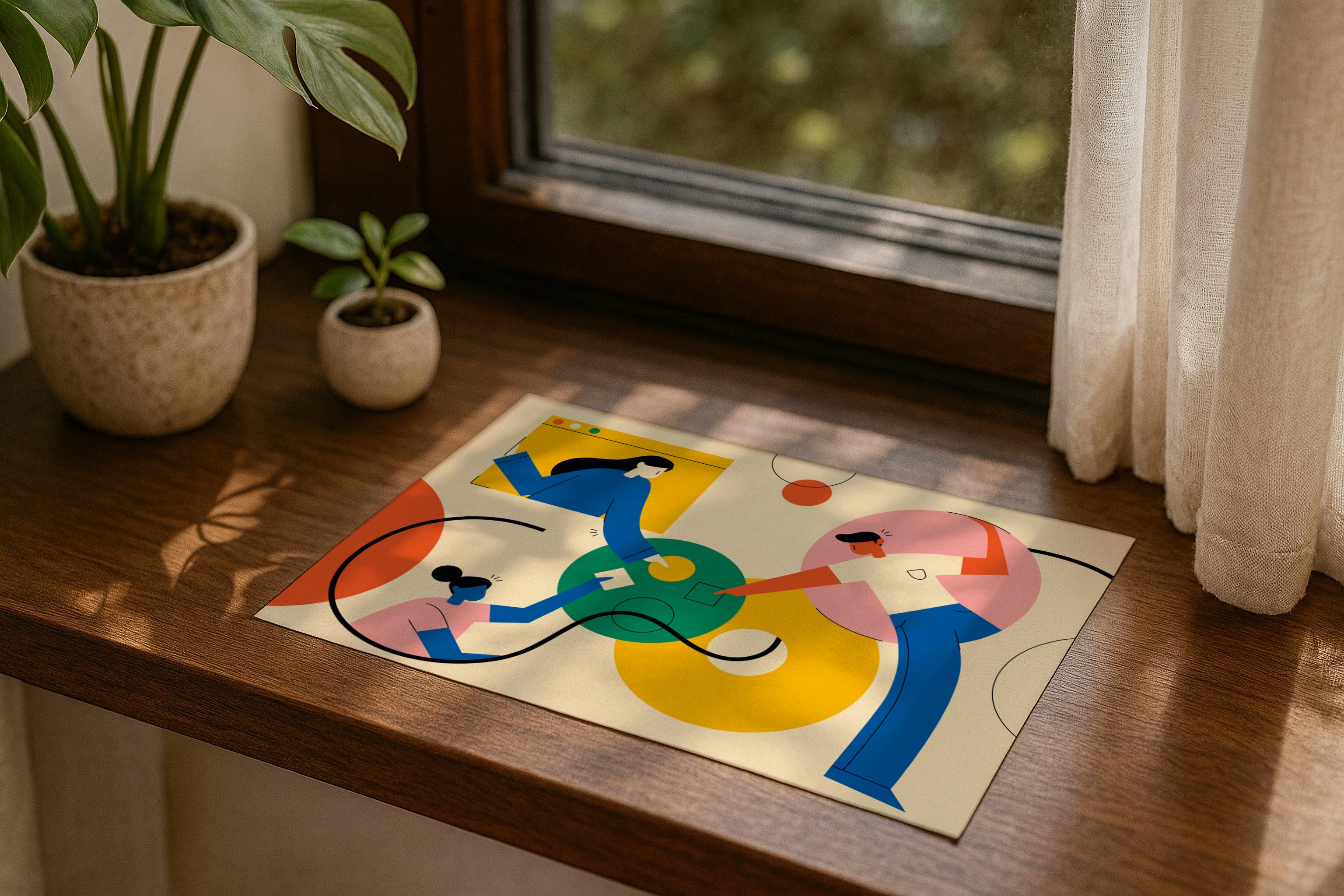Poster mockup on windowsill with plants, A4 A3 horizontal print mockup, minimalist PSD template for printable wall art, artwork, photography or graphic design