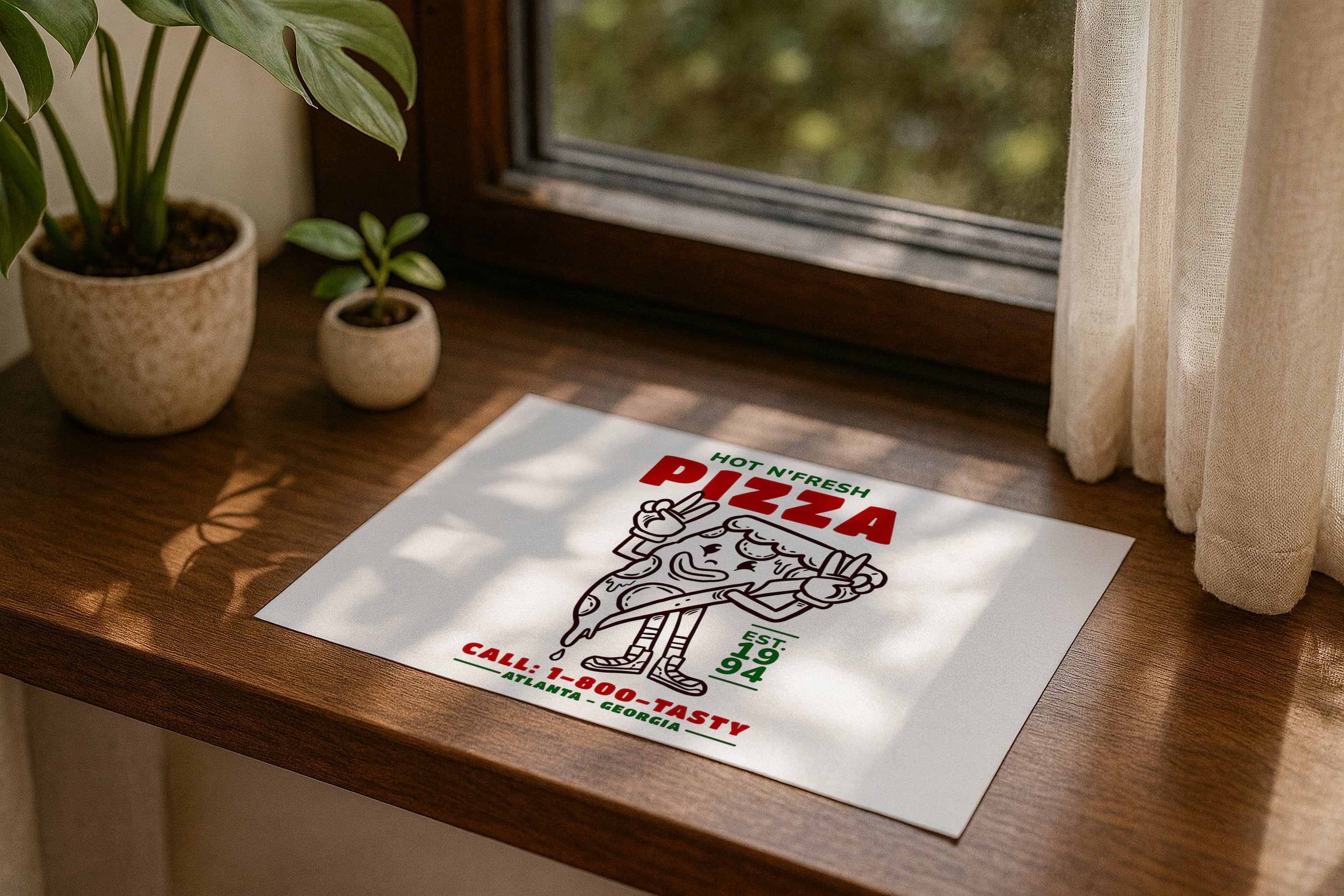 Poster mockup on windowsill with plants, A4 A3 horizontal print mockup, minimalist PSD template for printable wall art, artwork, photography or graphic design