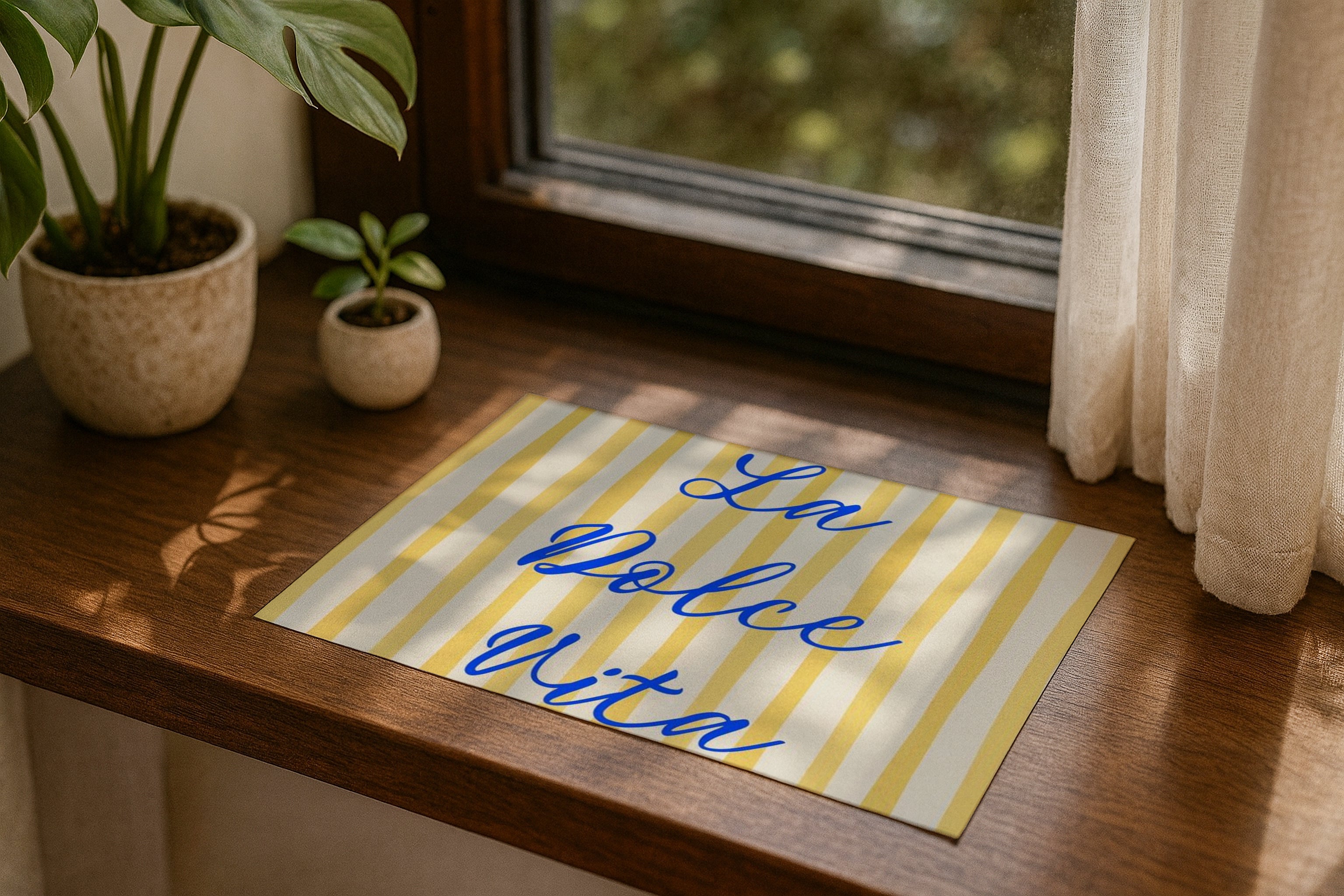 Poster mockup on windowsill with plants, A4 A3 horizontal print mockup, minimalist PSD template for printable wall art, artwork, photography or graphic design