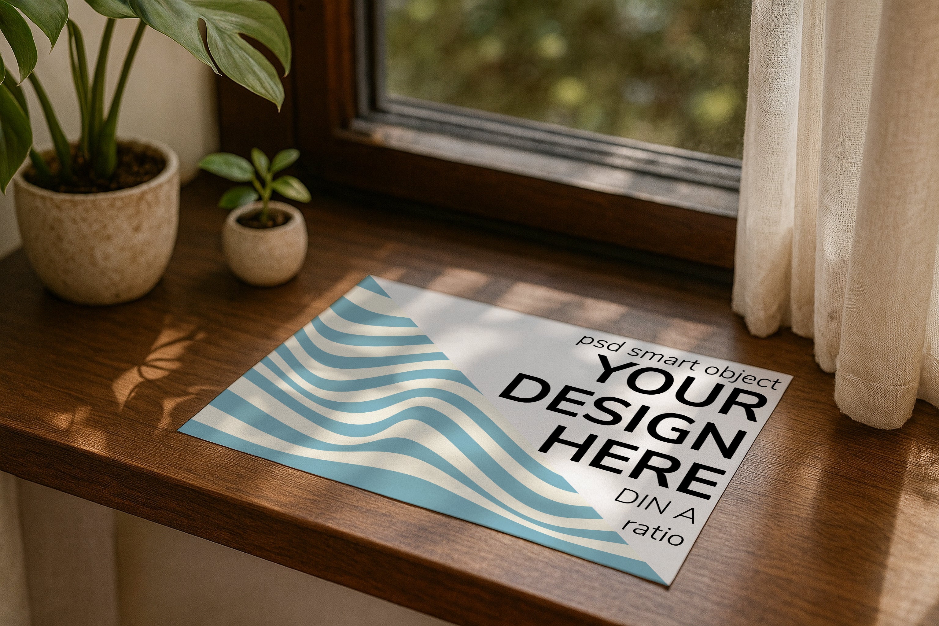Poster mockup on windowsill with plants, A4 A3 horizontal print mockup, minimalist PSD template for printable wall art, artwork, photography or graphic design