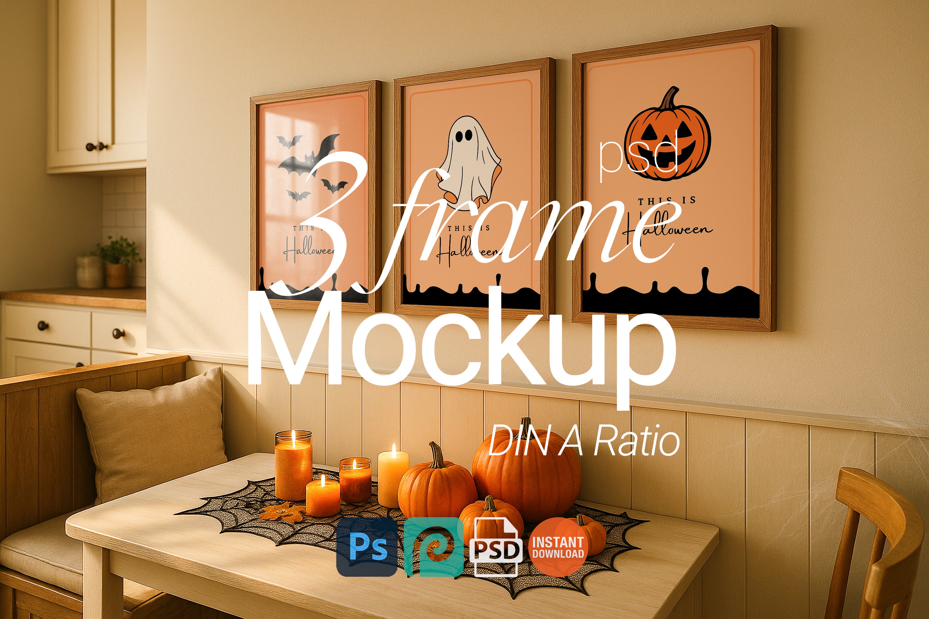 Halloween Triple Frame Mockup Rustic Kitchen Wall Art PSD Digital Download
