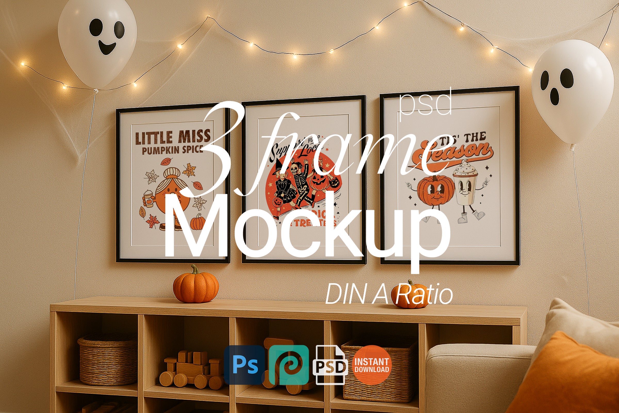 3 Frame Halloween Mockup Kids Room Festive Wall Art Digital Poster Display PSD Download