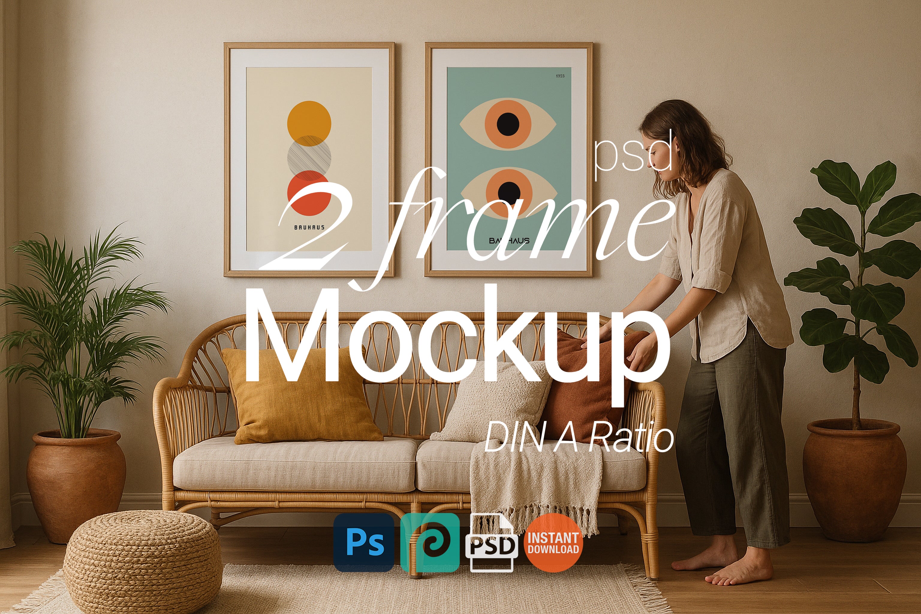 2 Frame Mockup Boho Living Room Poster Display Double Wooden Wall Art Natural Interior PSD Digital