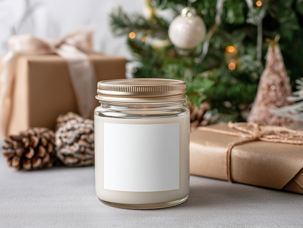 9oz Christmas Candle Mockup PSD Clear Glass Jar Printify Label Template