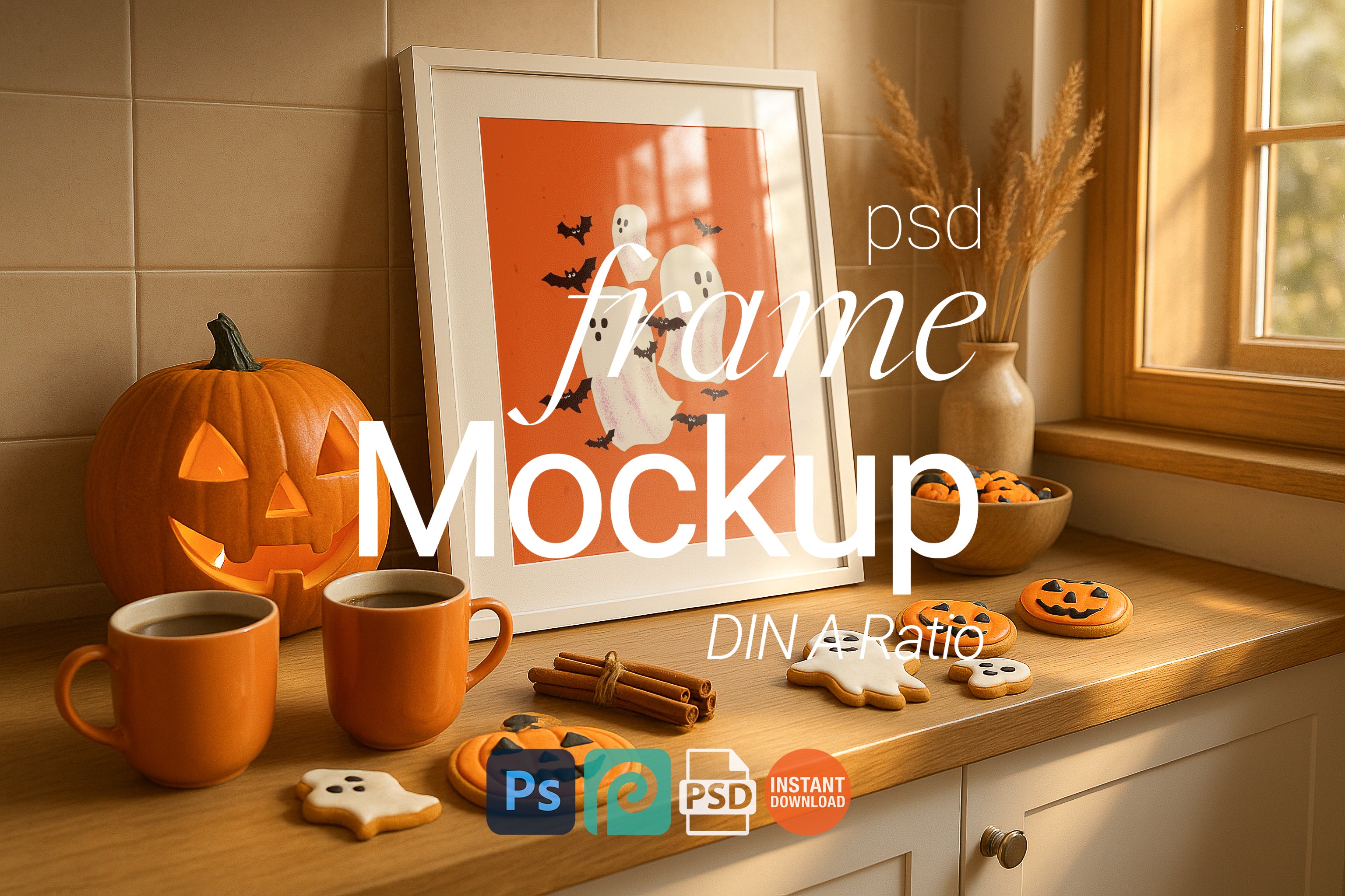 Halloween Single Frame Mockup Kitchen Wall Art Digital Poster PSD Template