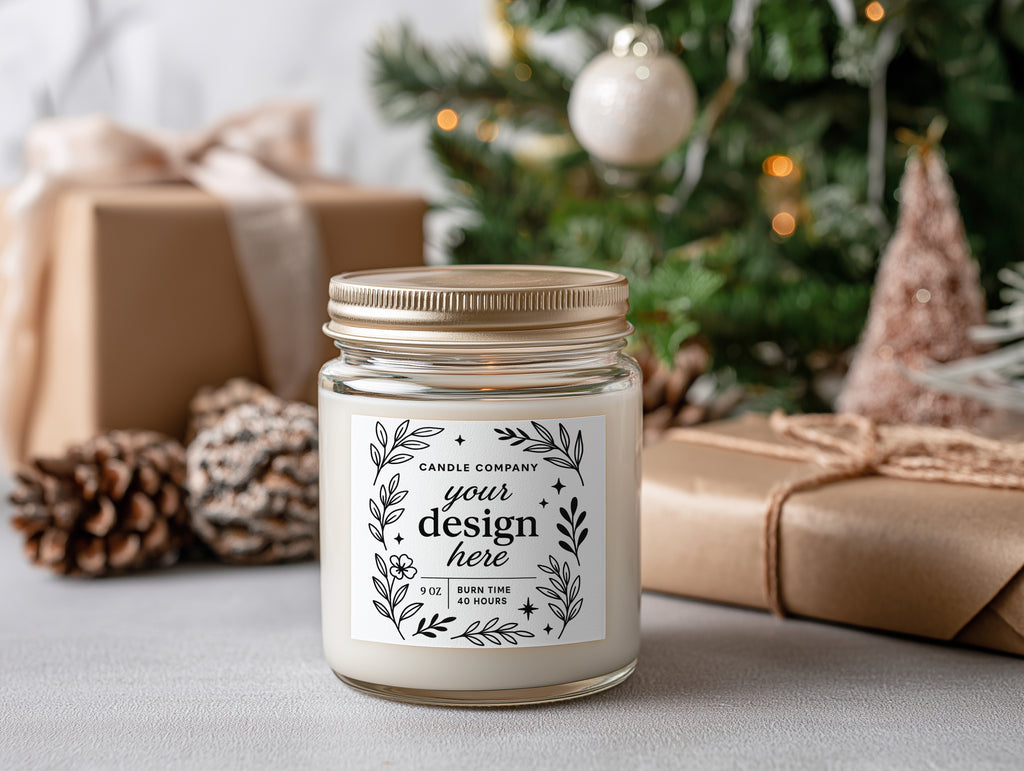 9oz Christmas Candle Mockup PSD Clear Glass Jar Printify Label Template