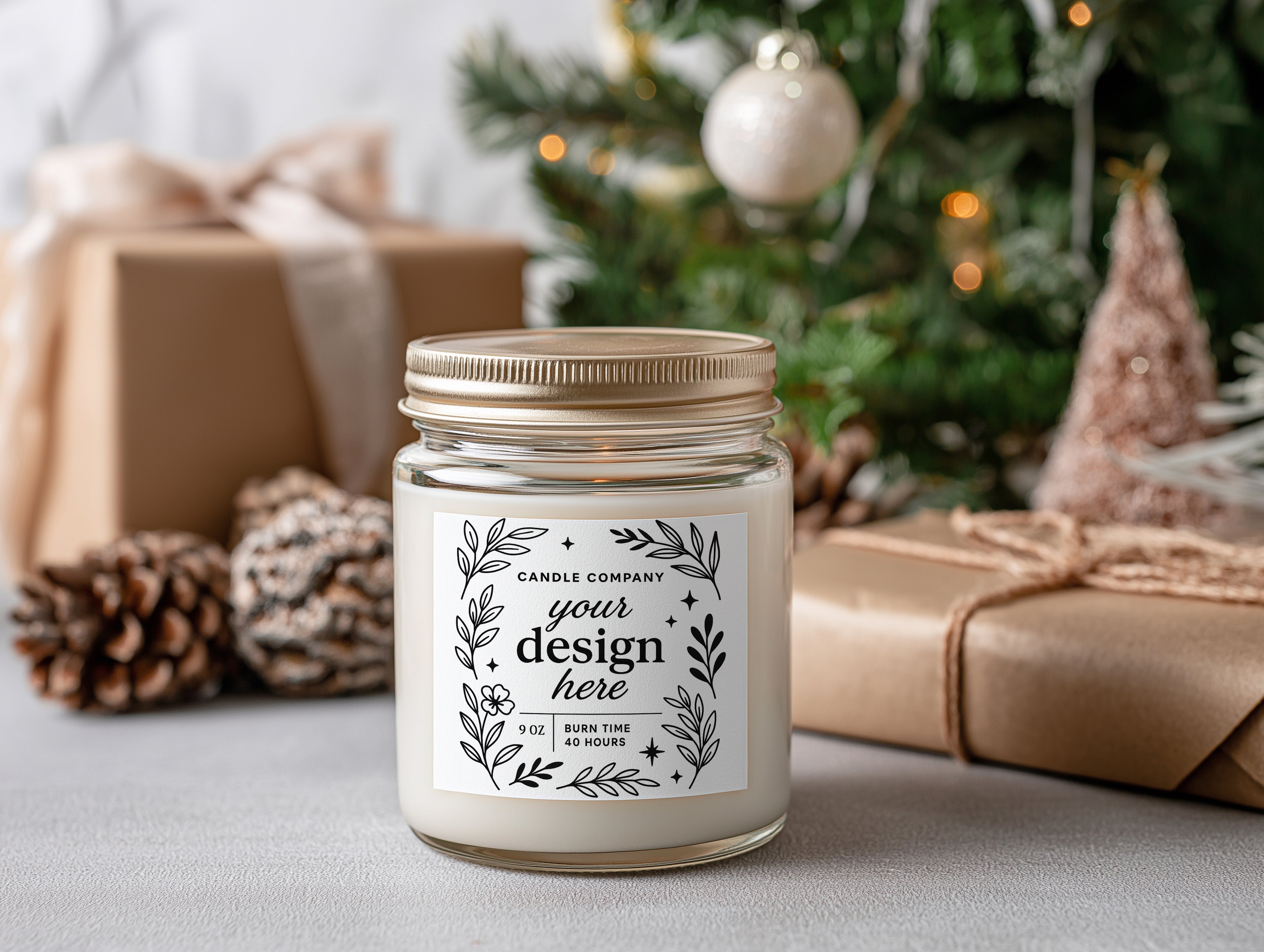 9oz Christmas Candle Mockup PSD Clear Glass Jar Printify Label Template