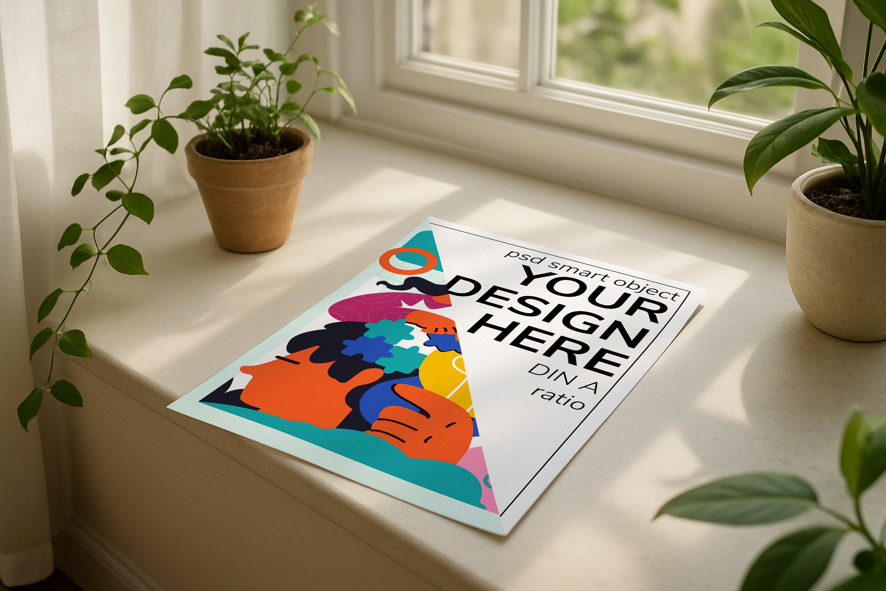 Poster mockup on windowsill with plants, A4 A3 vertical print mockup, minimalist PSD template for printable wall art, artwork, photography or graphic design