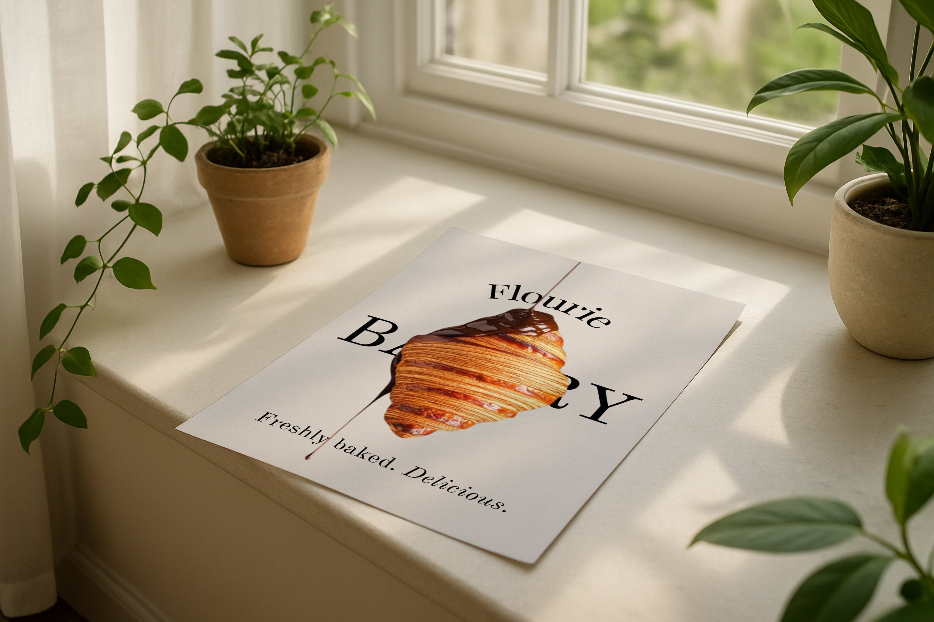 Poster mockup on windowsill with plants, A4 A3 vertical print mockup, minimalist PSD template for printable wall art, artwork, photography or graphic design