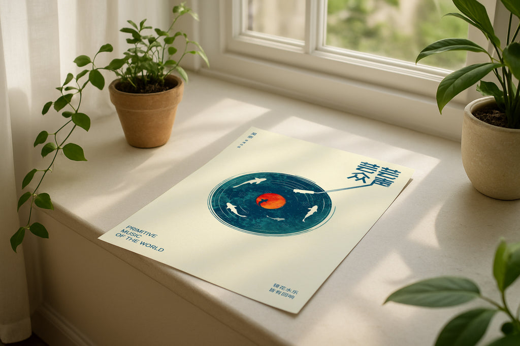 Poster mockup on windowsill with plants, A4 A3 vertical print mockup, minimalist PSD template for printable wall art, artwork, photography or graphic design