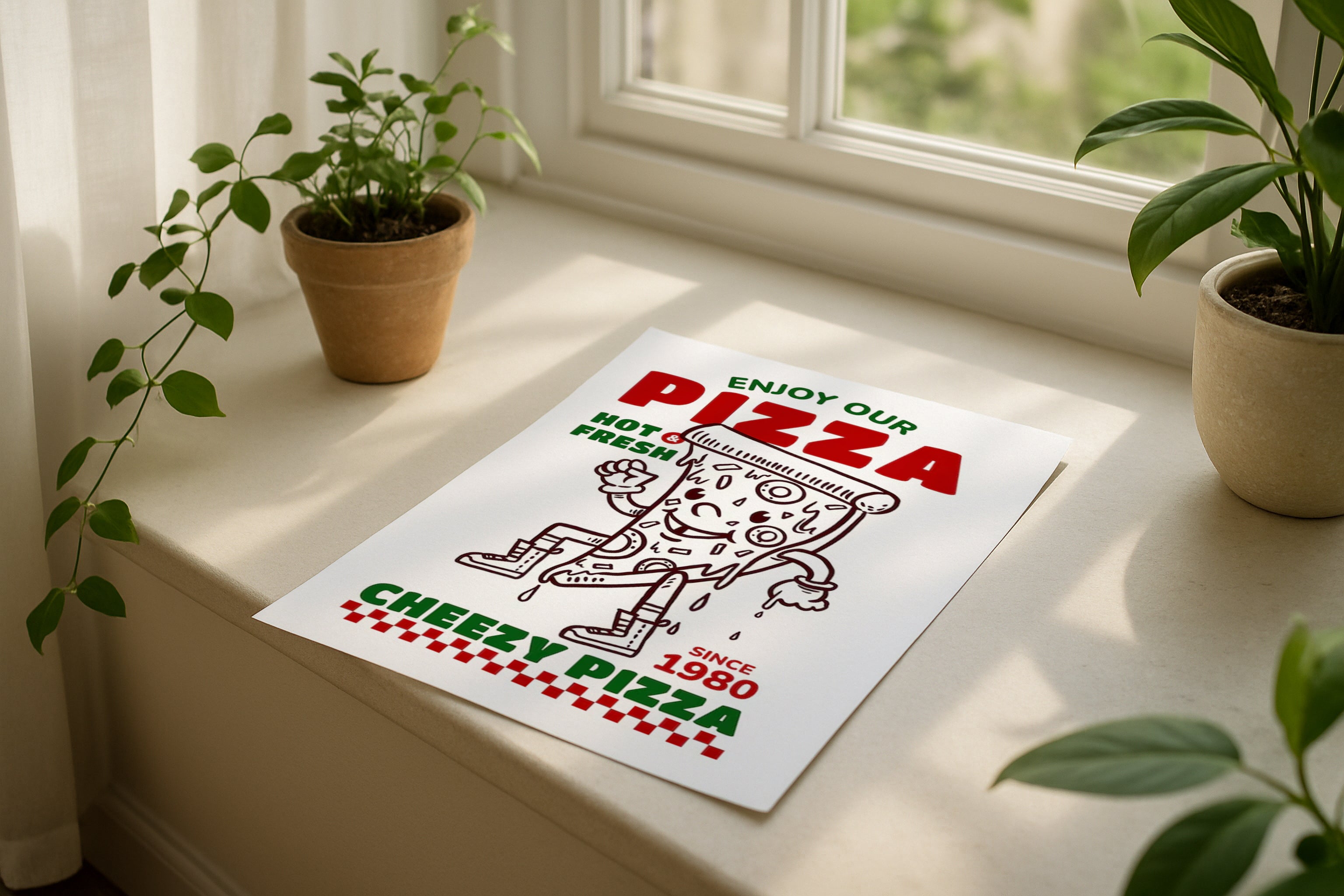 Poster mockup on windowsill with plants, A4 A3 vertical print mockup, minimalist PSD template for printable wall art, artwork, photography or graphic design