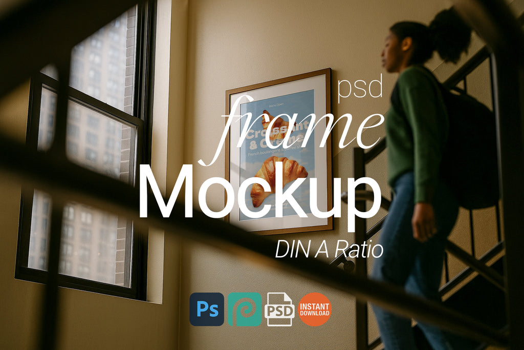 Single Frame Mockup Urban Lifestyle Stairwell Poster Display Wooden Wall Art PSD Digital