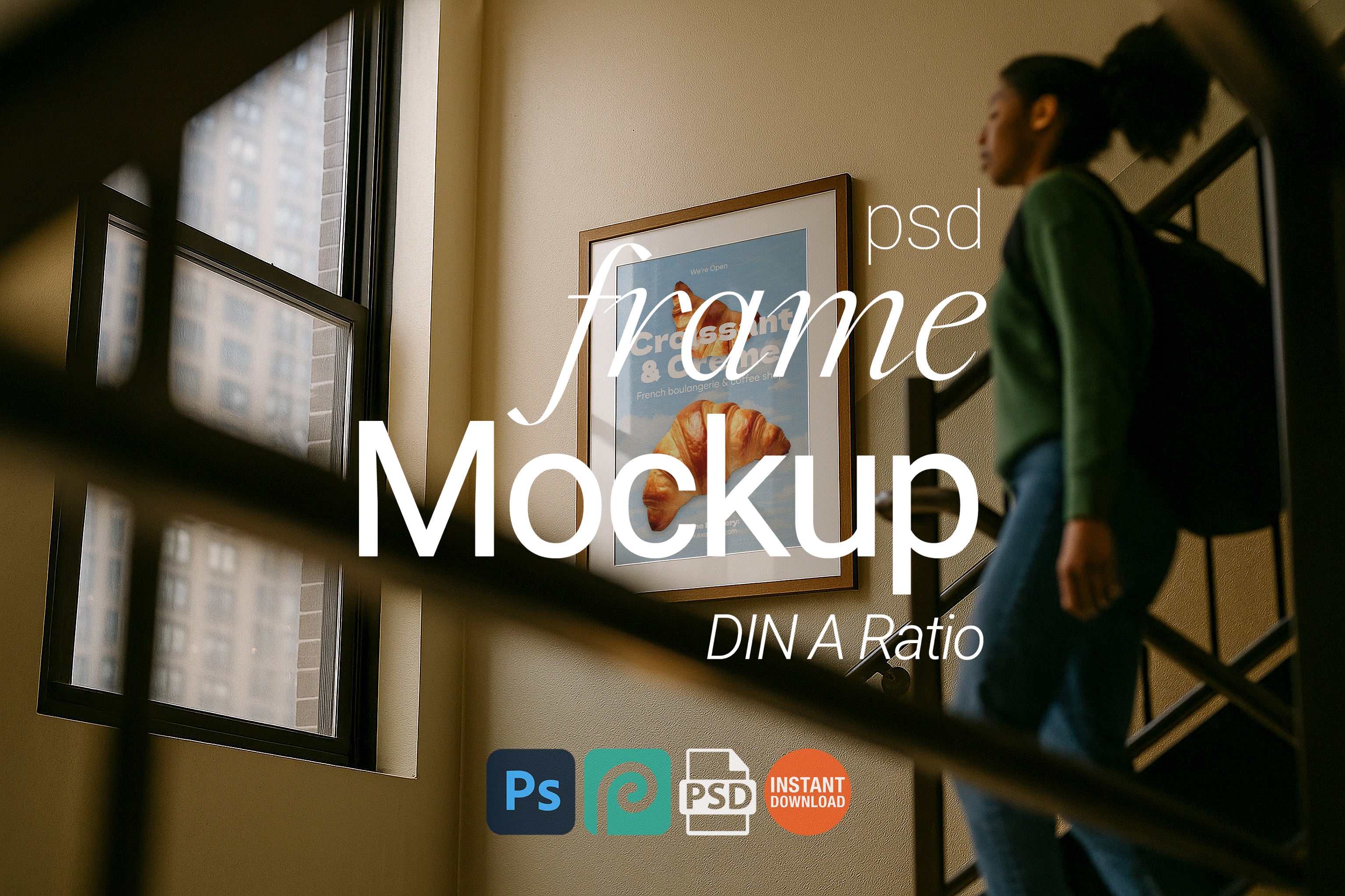 Single Frame Mockup Urban Lifestyle Stairwell Poster Display Wooden Wall Art PSD Digital