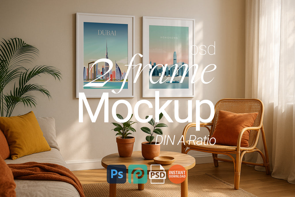 2 Frame Mockup Boho Style Poster Display Double Wall Art Natural Interior PSD Digital