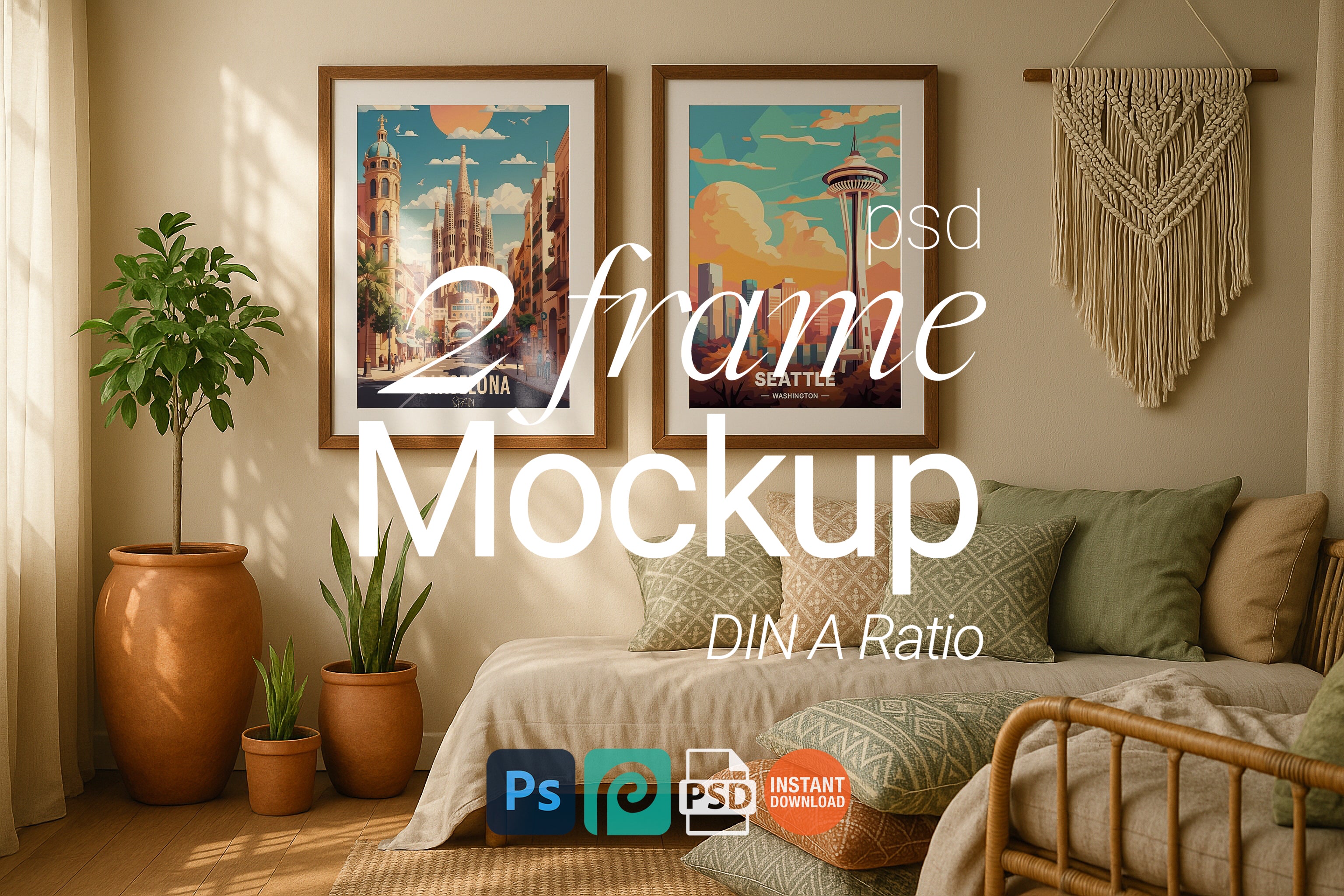 2 Frame Mockup Boho Living Room Poster Display Double Wooden Wall Art PSD Digital