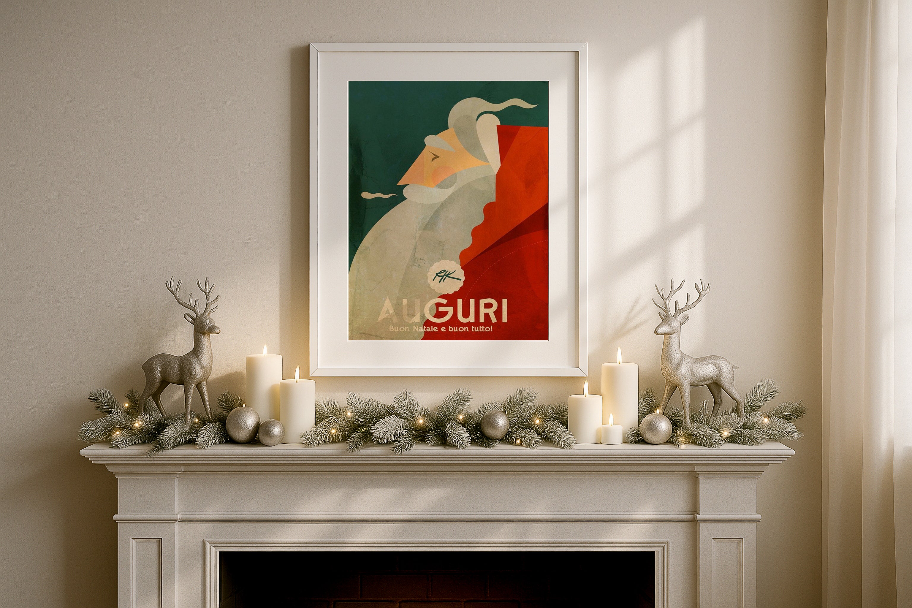 Elegant Christmas frame mockup on mantel with white frame, candles, silver reindeer figurines, pine garland and ornaments in cozy holiday decor