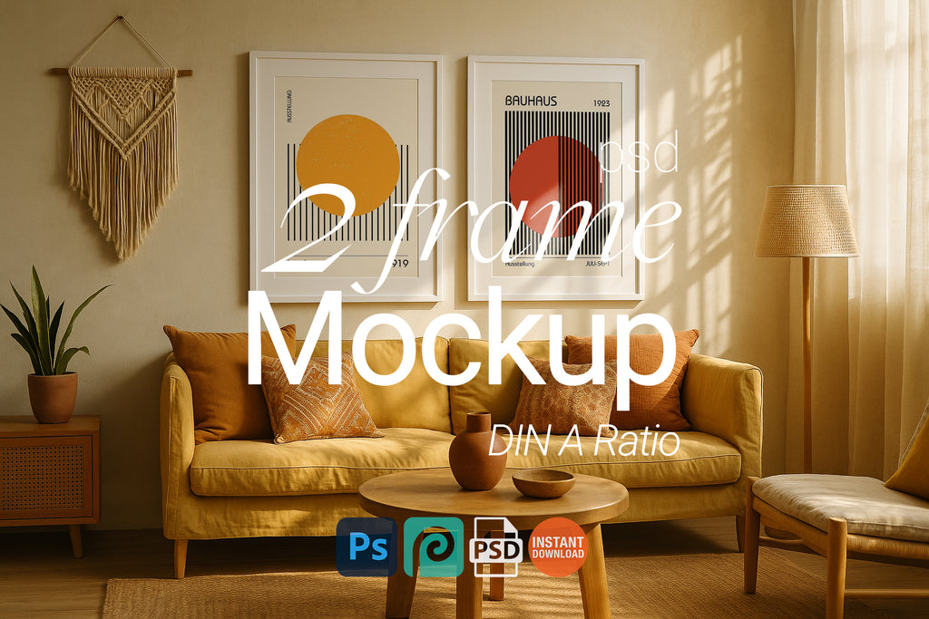 2 Frame Mockup Boho Living Room Poster Display Double White Wall Art Natural Interior PSD Digital