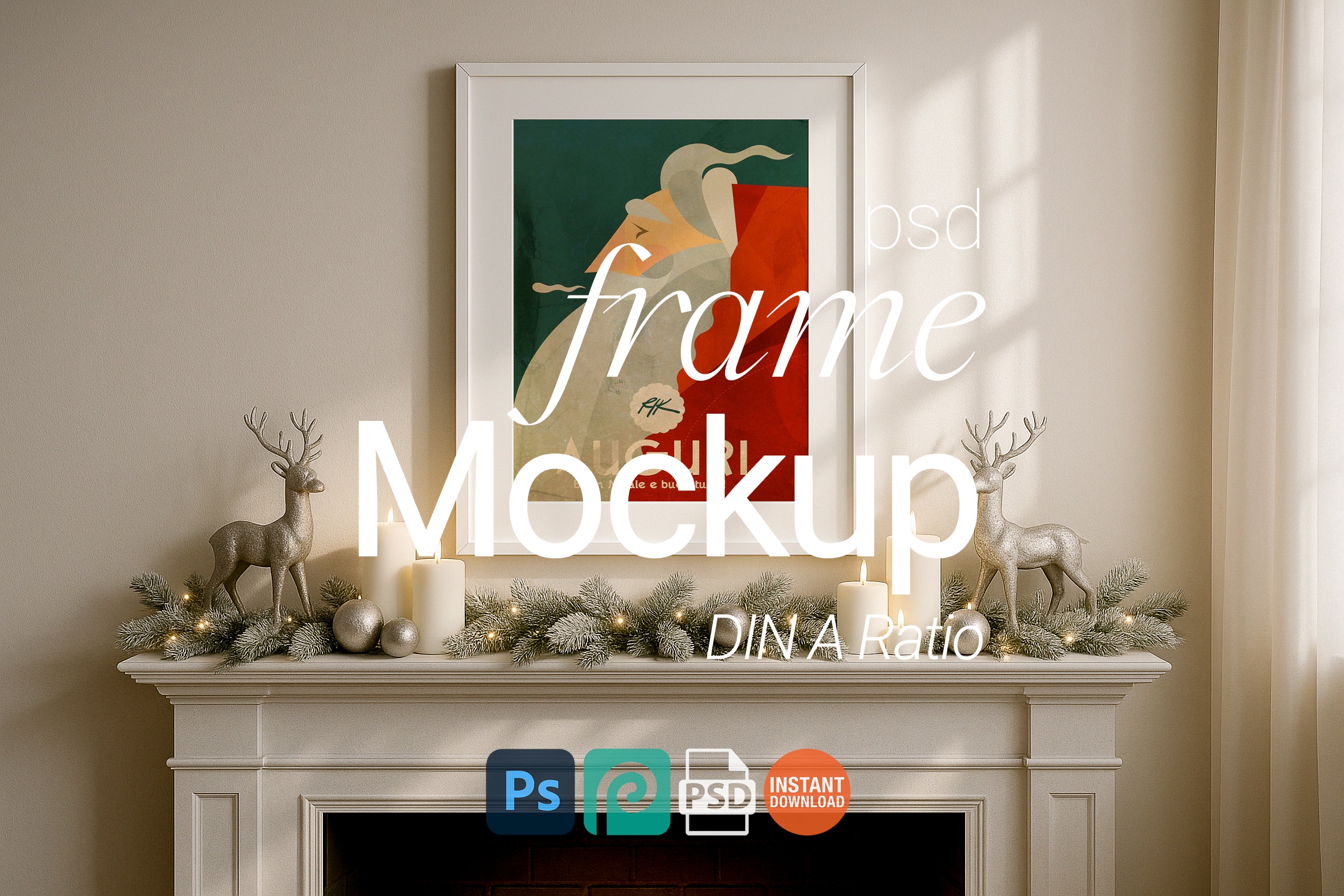 Elegant Christmas frame mockup on mantel with white frame, candles, silver reindeer figurines, pine garland and ornaments in cozy holiday decor