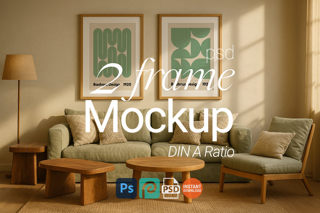 2 Frame Mockup Boho Living Room Poster Display Double Wooden Wall Art Digital PSD