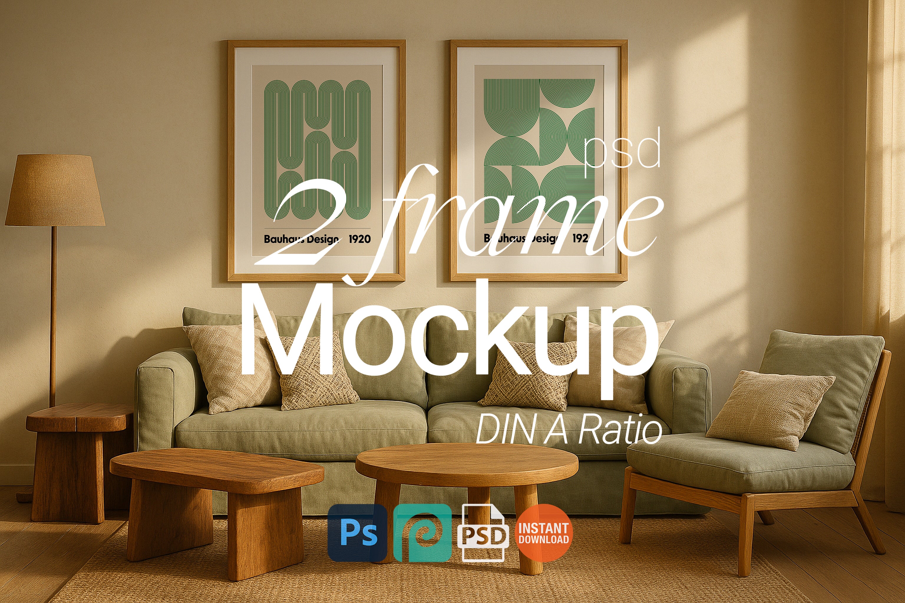 2 Frame Mockup Boho Living Room Poster Display Double Wooden Wall Art Digital PSD