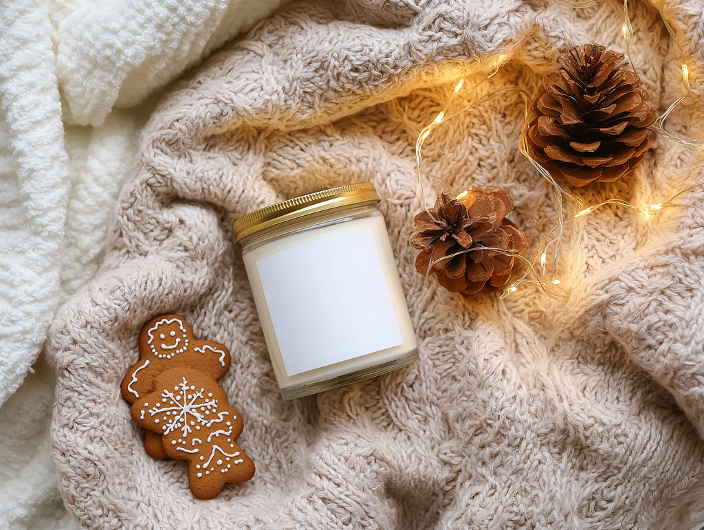 Cozy Scented Candle Mockup PSD Clear Glass Jar Printify Label Template