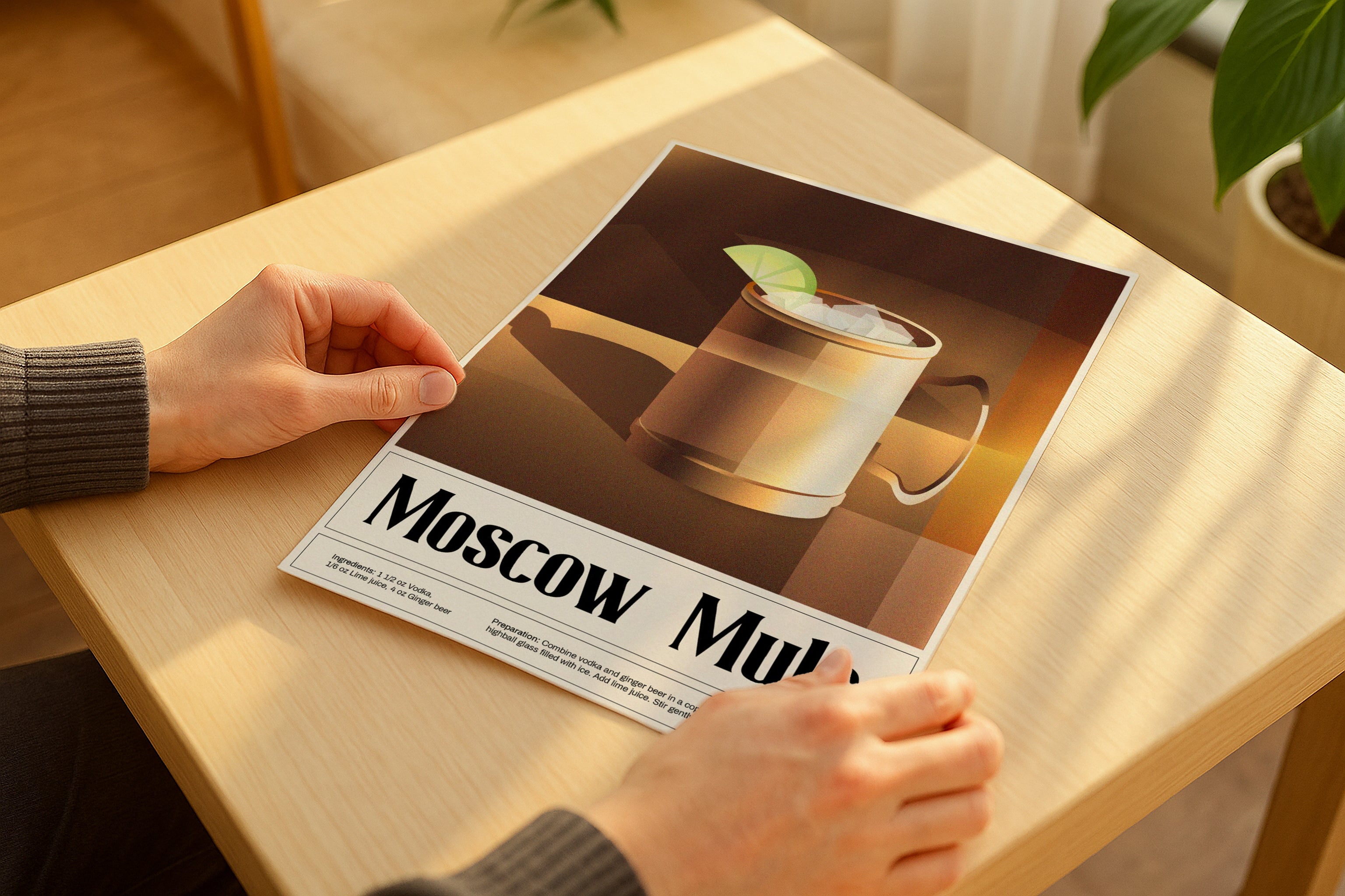 Poster mockup in hands on wooden table with sunlight, minimalistic A4 A3 artwork mockup, modern PSD template for printable wall art and graphic design.