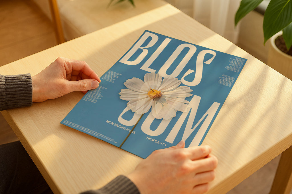 Poster mockup in hands on wooden table with sunlight, minimalistic A4 A3 artwork mockup, modern PSD template for printable wall art and graphic design.