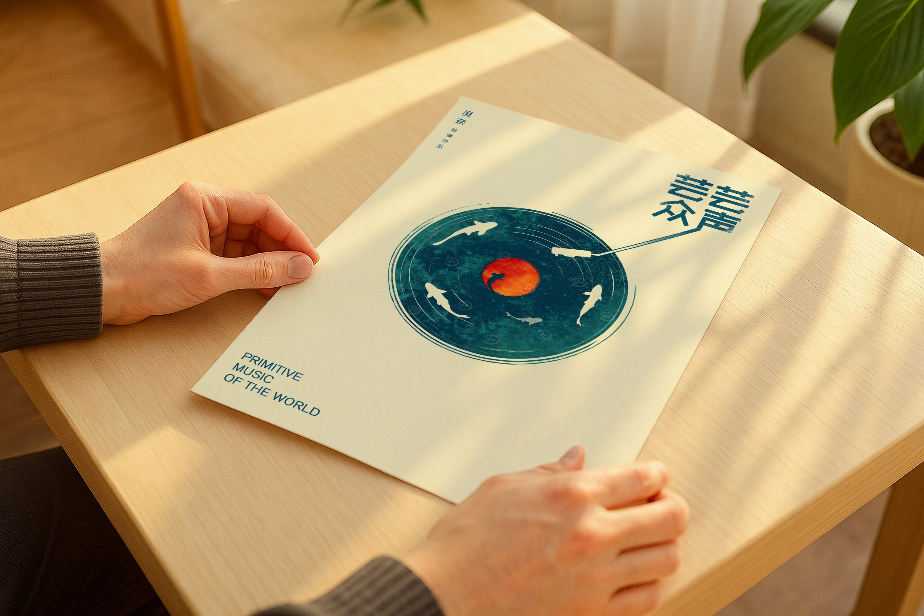 Poster mockup in hands on wooden table with sunlight, minimalistic A4 A3 artwork mockup, modern PSD template for printable wall art and graphic design.