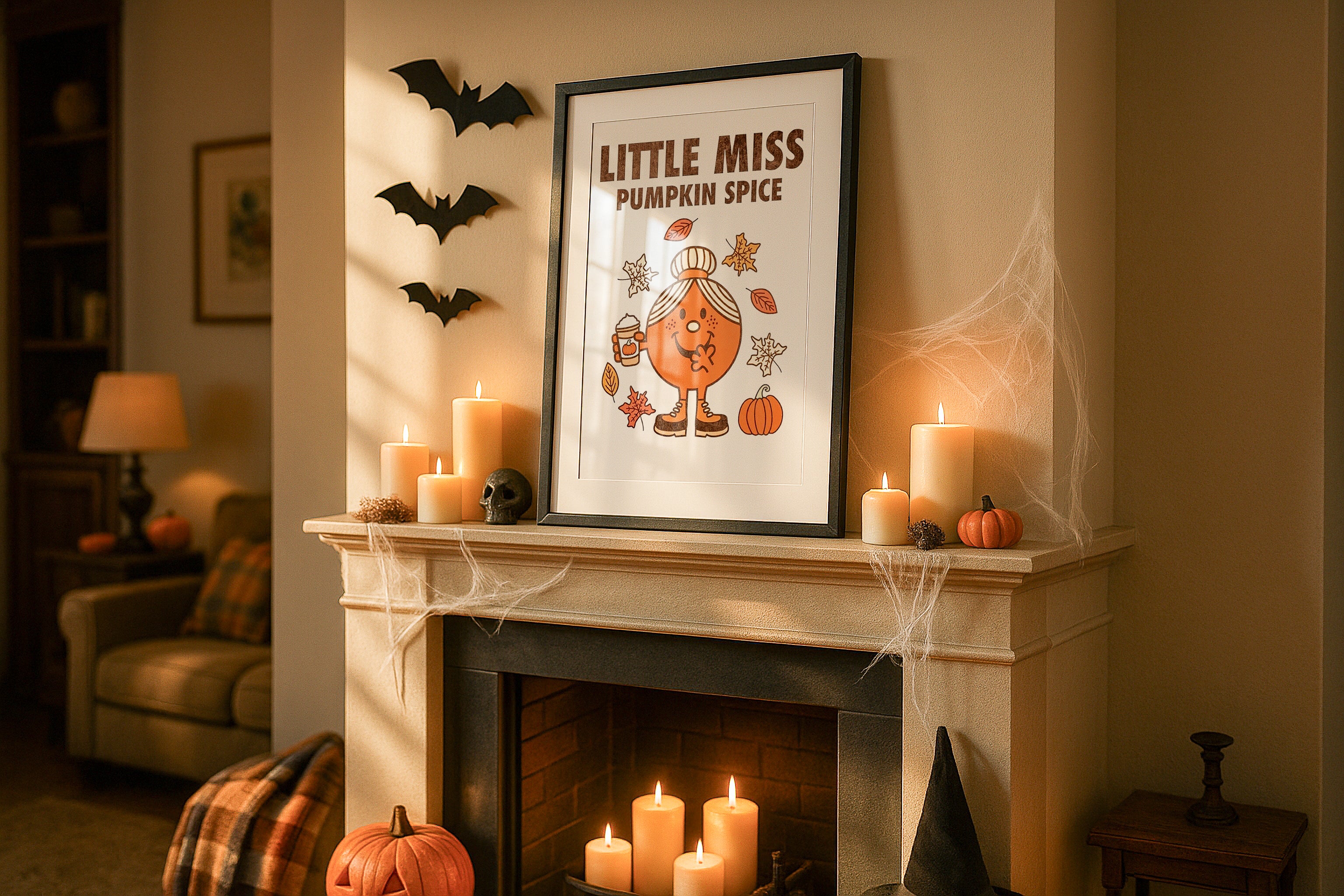 Halloween Single Frame Mockup Fireplace Wall Art Digital Poster PSD Template