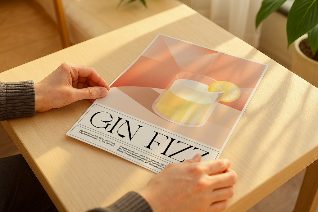 Poster mockup in hands on wooden table with sunlight, minimalistic A4 A3 artwork mockup, modern PSD template for printable wall art and graphic design.
