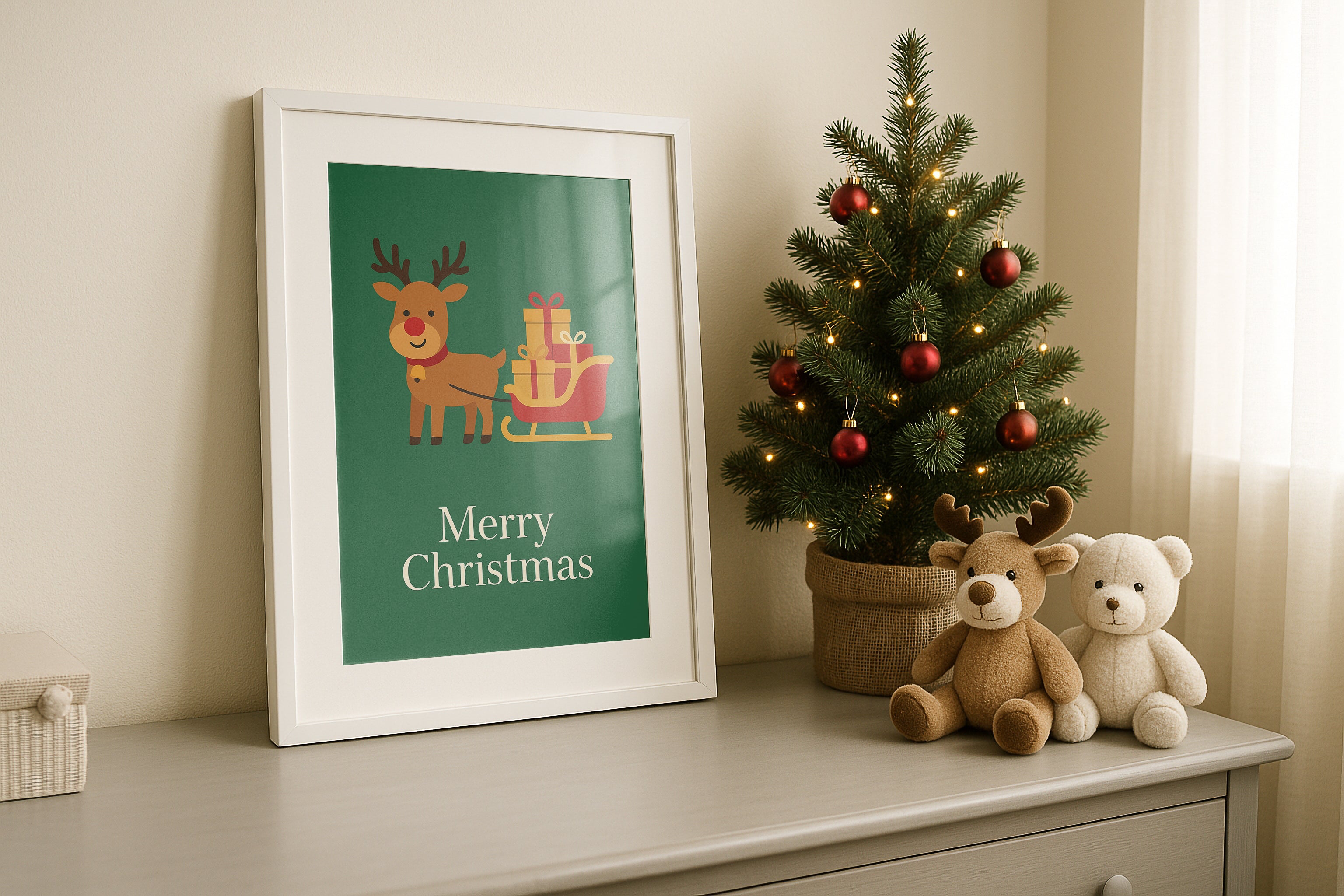 Christmas frame mockup with white frame, mini Christmas tree decorated with red baubles, and cute plush reindeer and teddy bear toys on dresser.