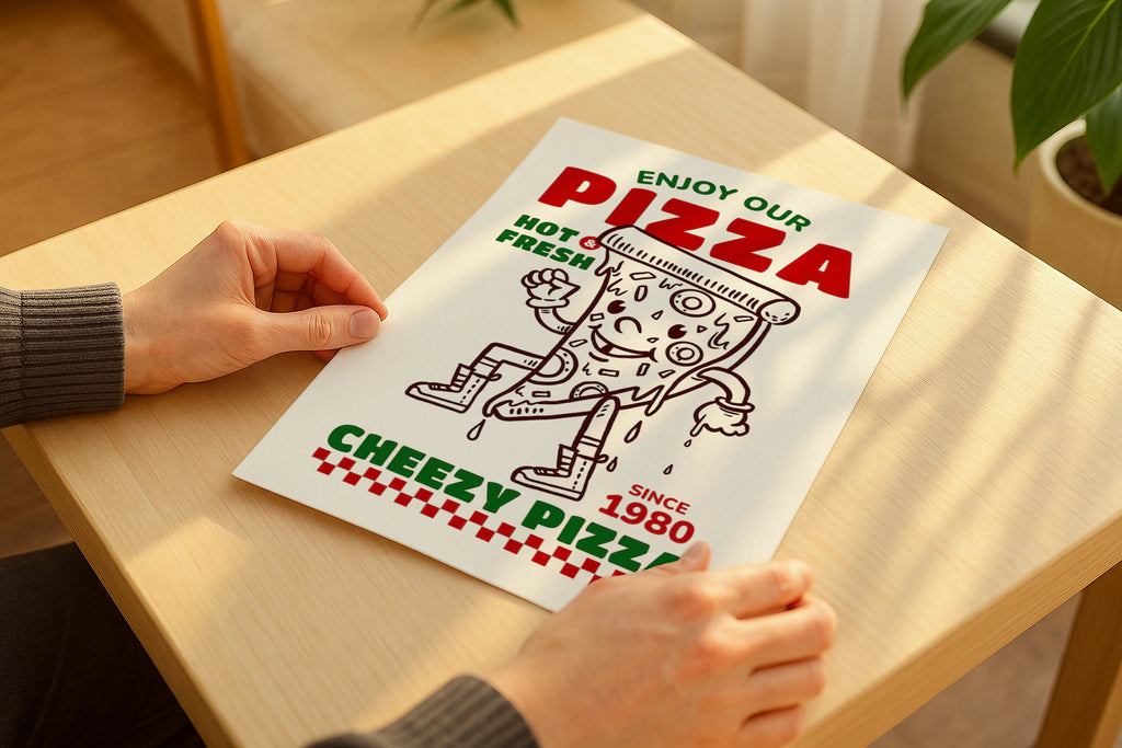 Poster mockup in hands on wooden table with sunlight, minimalistic A4 A3 artwork mockup, modern PSD template for printable wall art and graphic design.