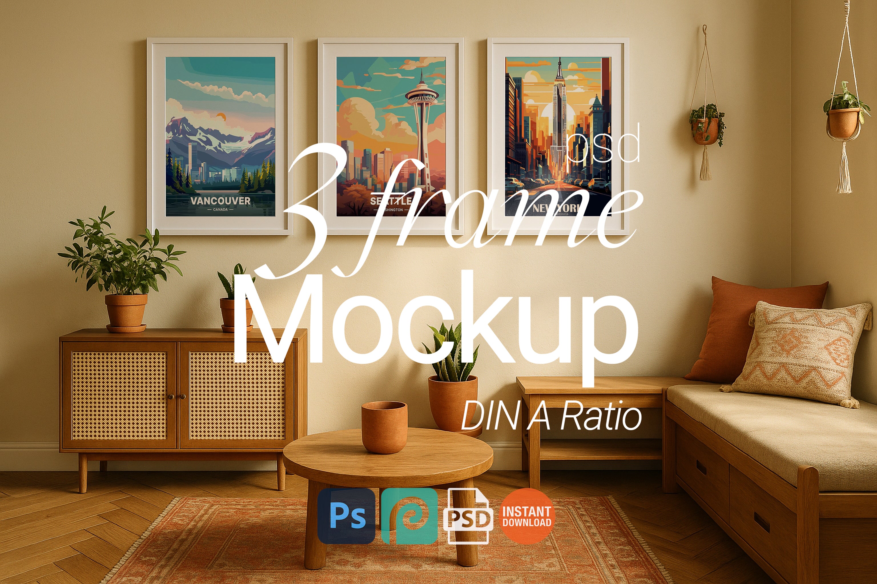 3 Frame Mockup Modern Bohemian Interior Poster Display White Wall Art PSD Digital Download