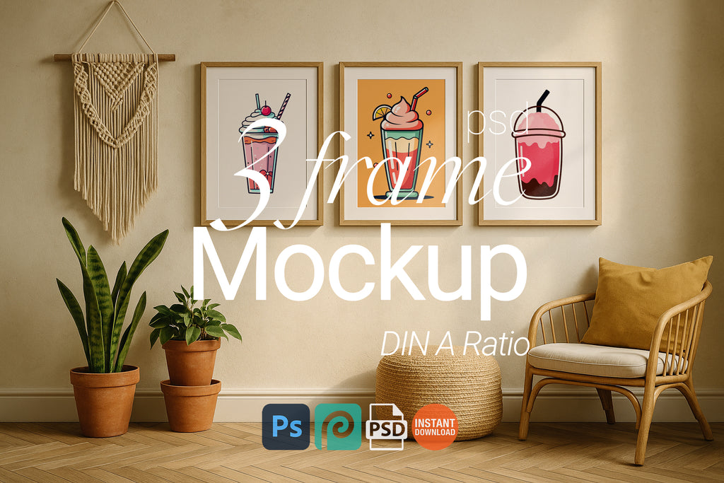 3 Frame Mockup Boho Interior Poster Display Wooden Wall Art PSD Digital Download