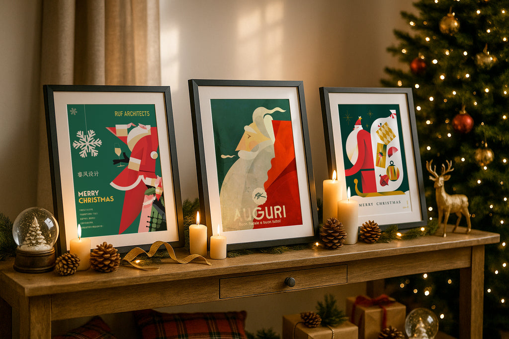 Christmas poster mockup with three black frames on wooden table, holiday wall art display with candles, pinecones, snow globe, reindeer and Christmas tree